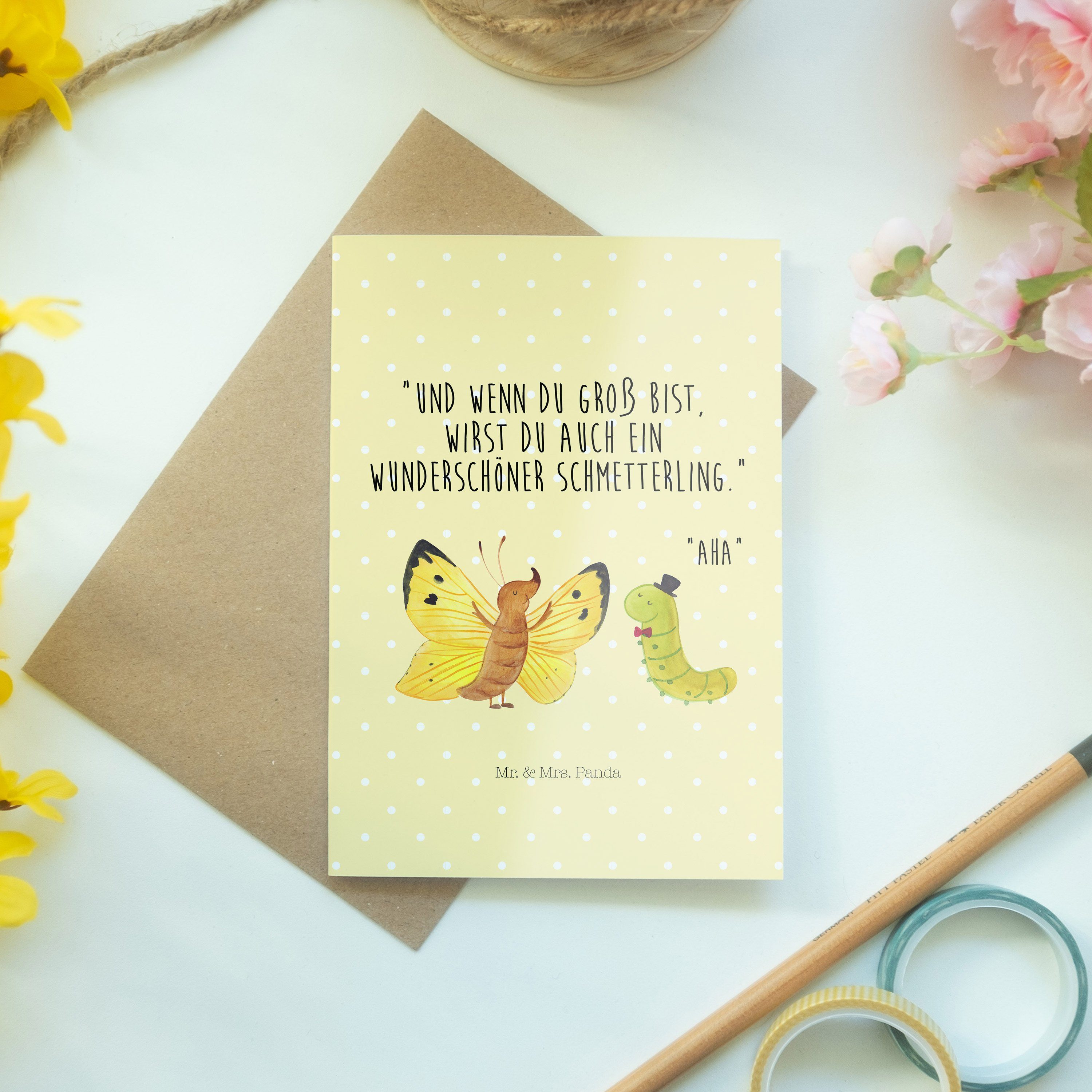 Mr. & Mrs. - Geschenk, Grußkarte lustige Gelb Raupe - Sprüche, Schmetterling Pastell & Panda Tie