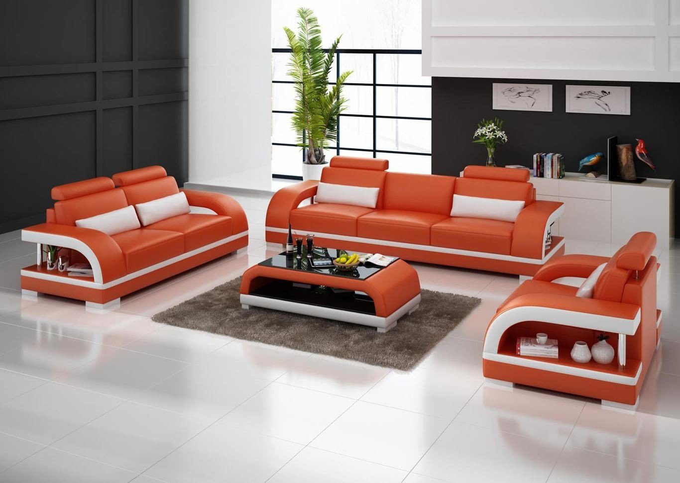 JVmoebel Sofa Luxuriöse weiße Sofagarnitur Leder Polstermöbel 3+2 Set Neu, Made in Europe Orange