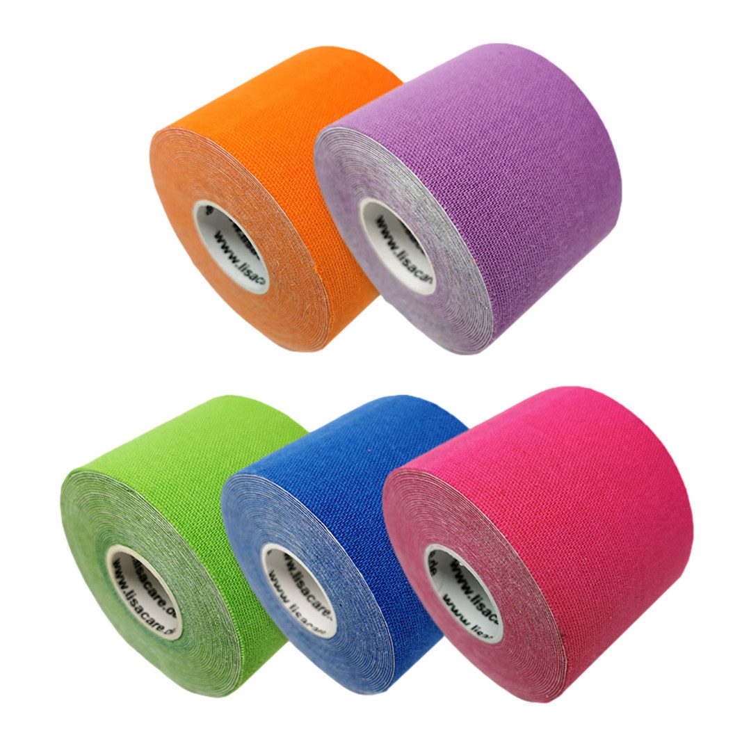 LisaCare Kinesiologie-Tape Bunter Mix - Medizinisches Tape (Set, 5-St., 1 x Orange, Pink, Hellgrün, Lila & Hellblau / 5cm x 5m) Latexfrei