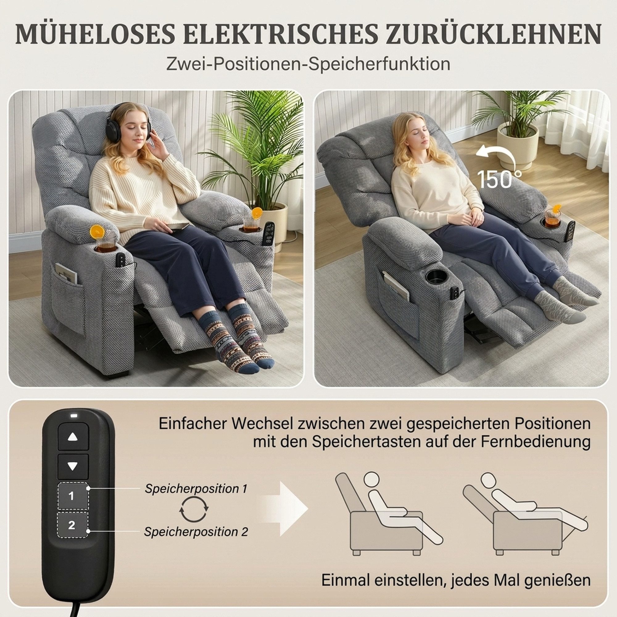 HOMCOM Massagesessel Relaxsessel Fernsehsessel mit Massage & Wärme (TV Sessel, 1-St., 1), mit Fernbedienung, USB-Anschluss, Becherhalter – Bild 4 von 5