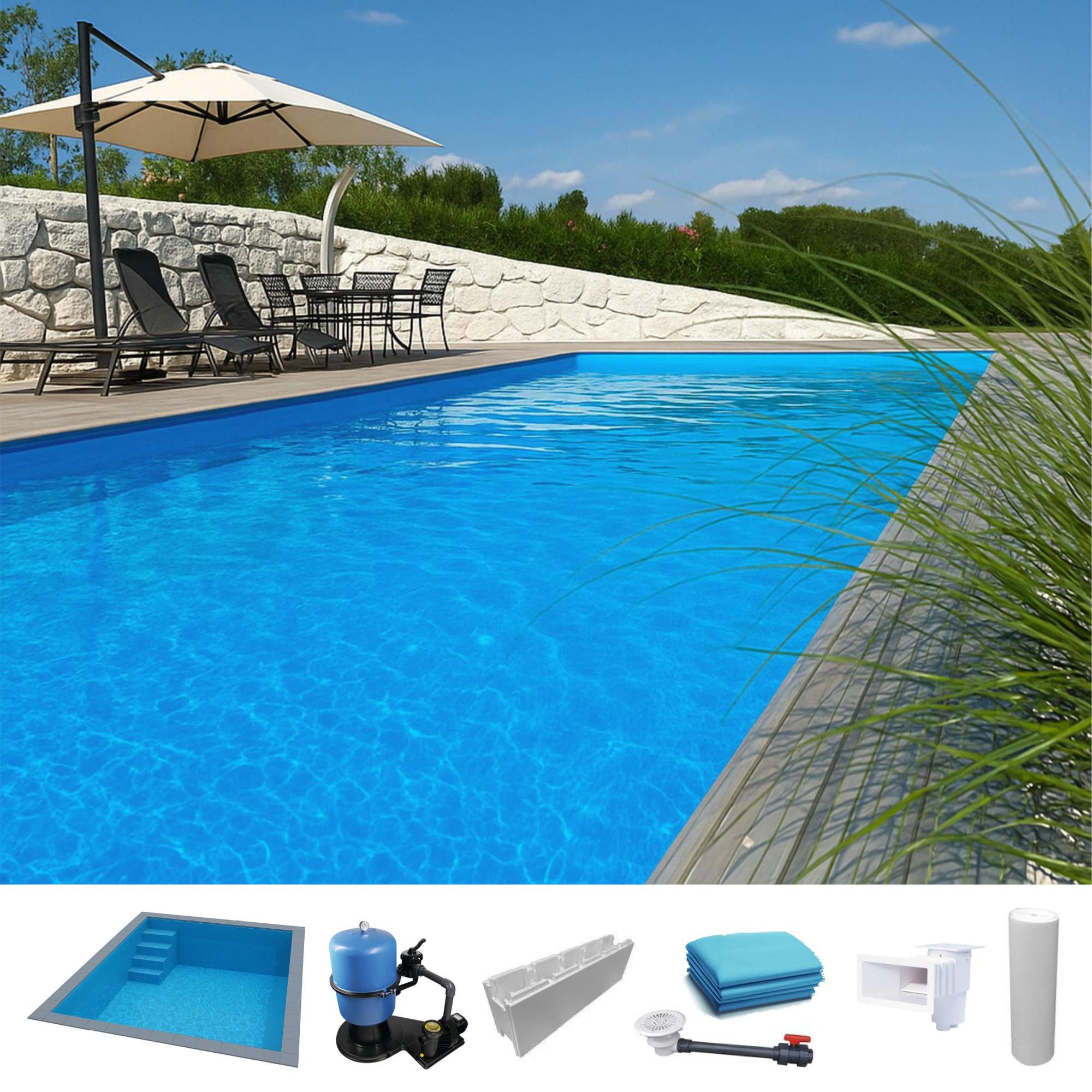 KWAD Rechteckpool KWAD Styropor Pool Easy mit gerader Treppe links 8 (Komplett-Set), Langlebige Styroporsteine