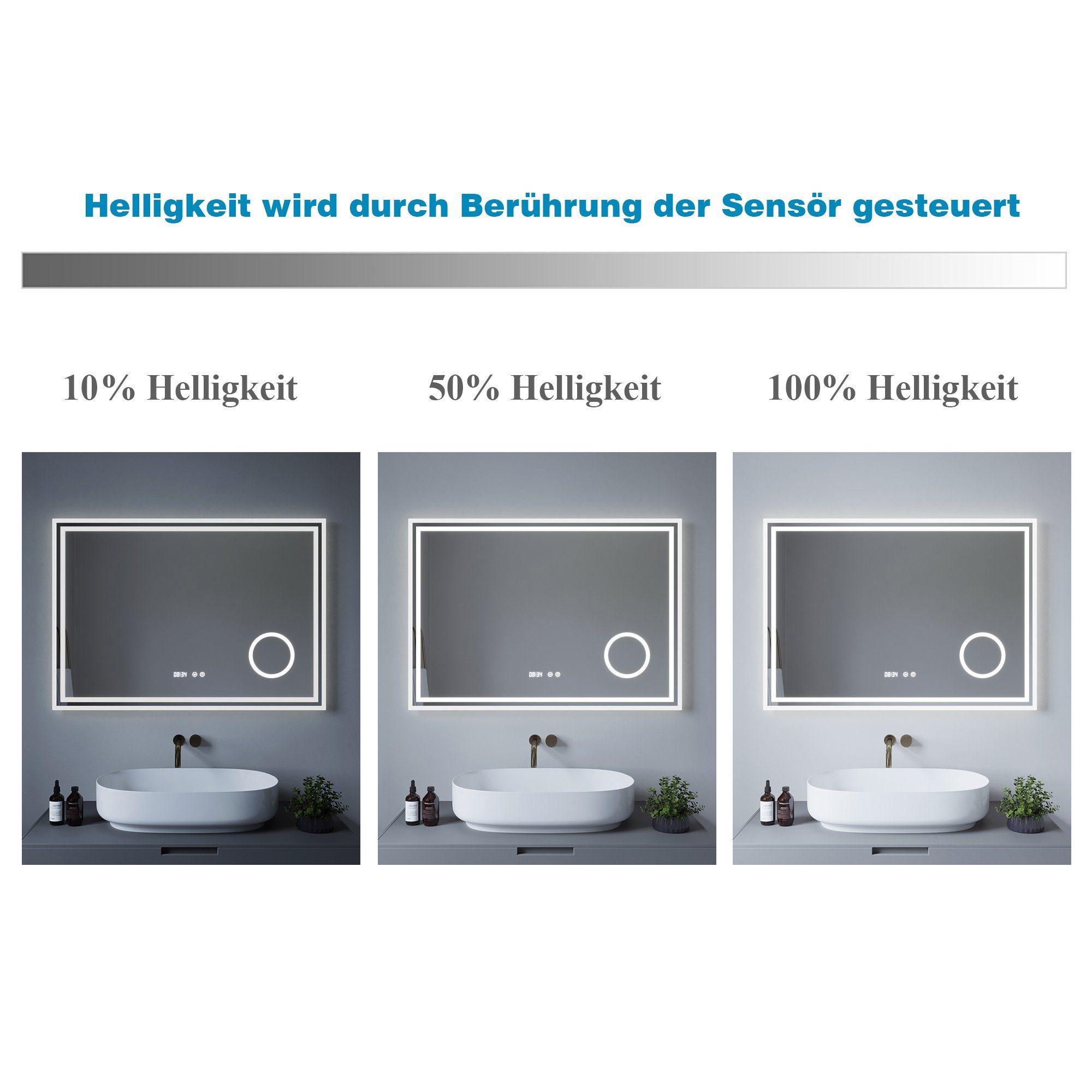 AQUALAVOS Badspiegel Badspiegel mit Beleuchtung mit Digitaluhr Energiesparend Vergrößerung, Licht Touchschalter, Badezimmer Kaltweißes mit Led Lichtspiegel