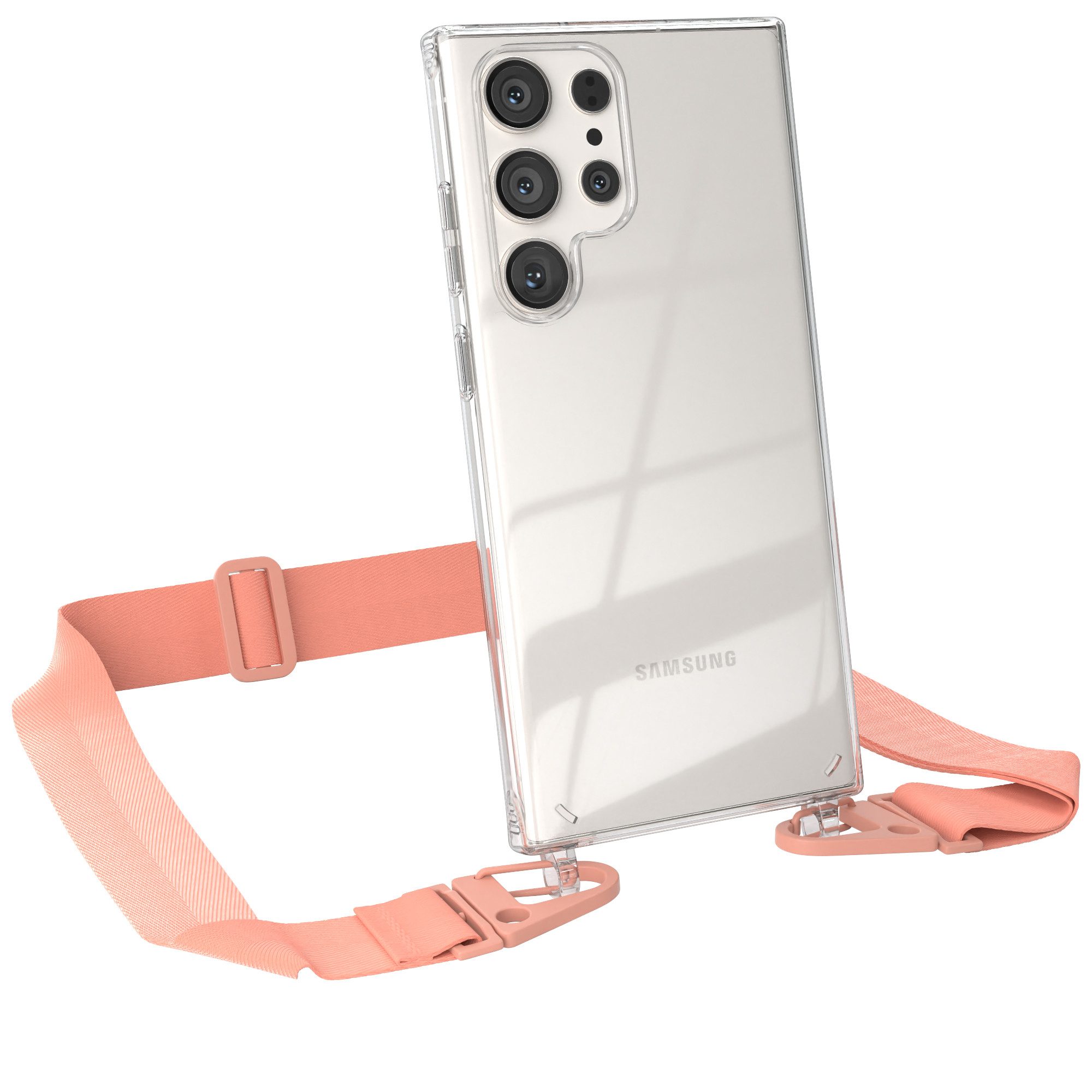 EAZY CASE Handykette Silikon Kette Karabiner für Galaxy S23 Ultra 6,8 Zoll, Silicon Handyhülle mit breiter Kette Carabiner Necklace Altrosa Coral