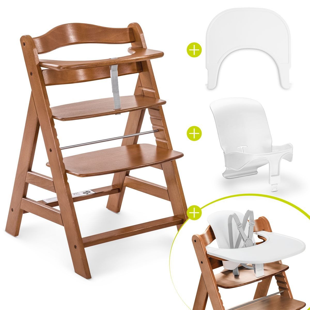 Hauck Hochstuhl Alpha Plus Set - Walnut, Mitwachsender Holz Kinderhochstuhl mit Essbrett Click Tray & Baby-Sitz