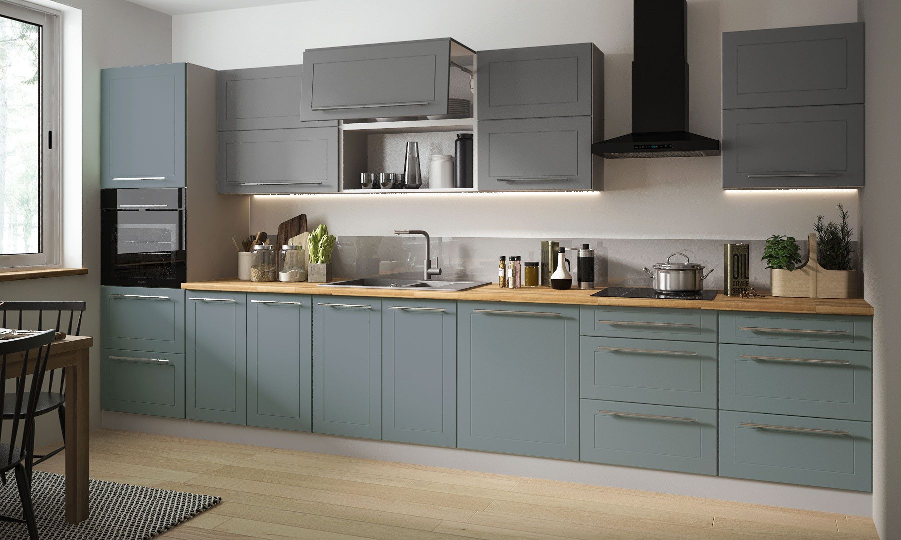 Feldmann-Wohnen Küchenzeile Kvantum, (Blum Teilauszug Schubladensystem, Blum Aventos Hochfaltklappen), 400cm grau / dust grey - mint, 10-teilig