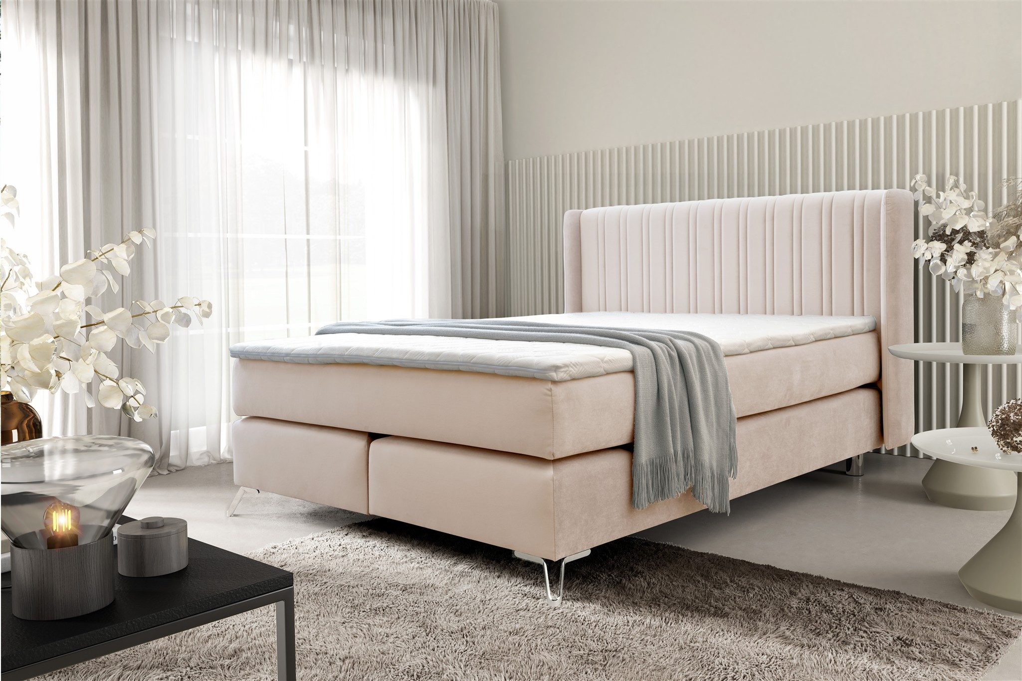 Fun Möbel Boxspringbett Schlafzimmerbett FUN ADORA in Stoff Salvador (inkl. Topper, Metallfüße (Höhe: ca. 13 cm), Kopfteil trendig gerundet