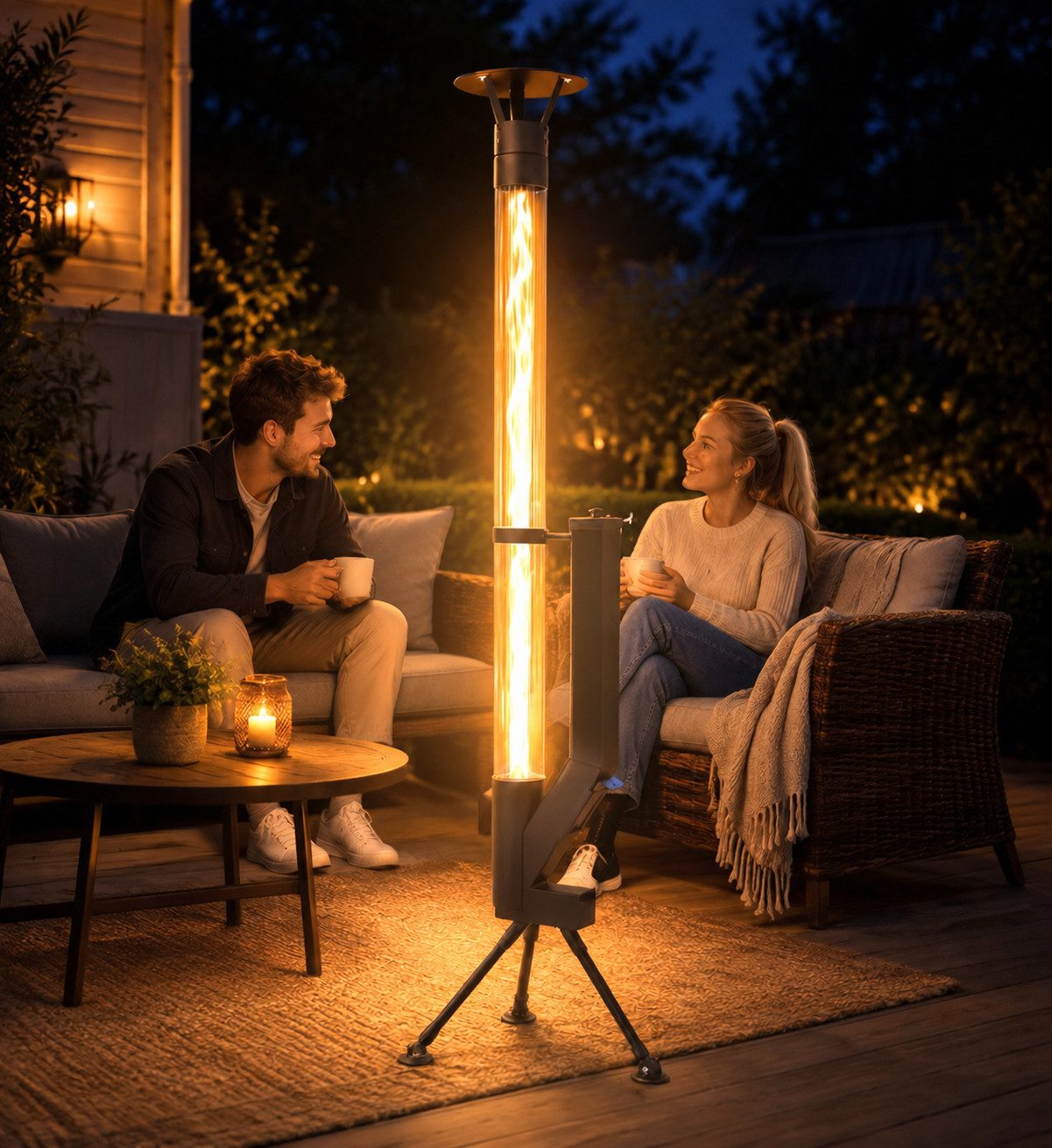 Ledklang Heizstrahler Pelletfackel Glasrohr,167CM,Outdoor Terrassenheizer,Stand, 6000 W, Terrassenfeuer Reinigungsbürste Feuersäule für Garten