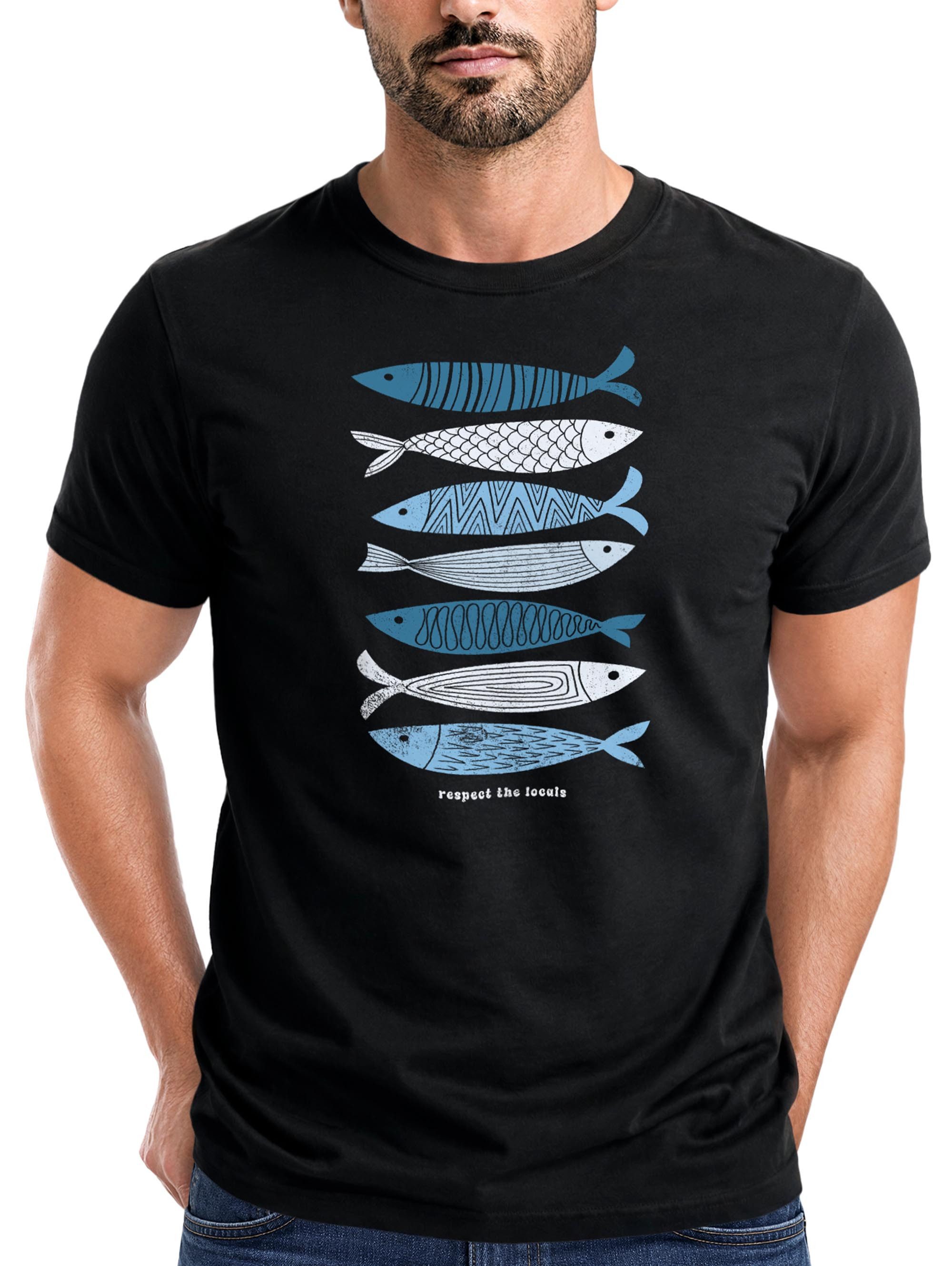 Print-Shirt Herren T-Shirt Motiv Maritim Meer Fische Sommer Urlaub Spruch Respect