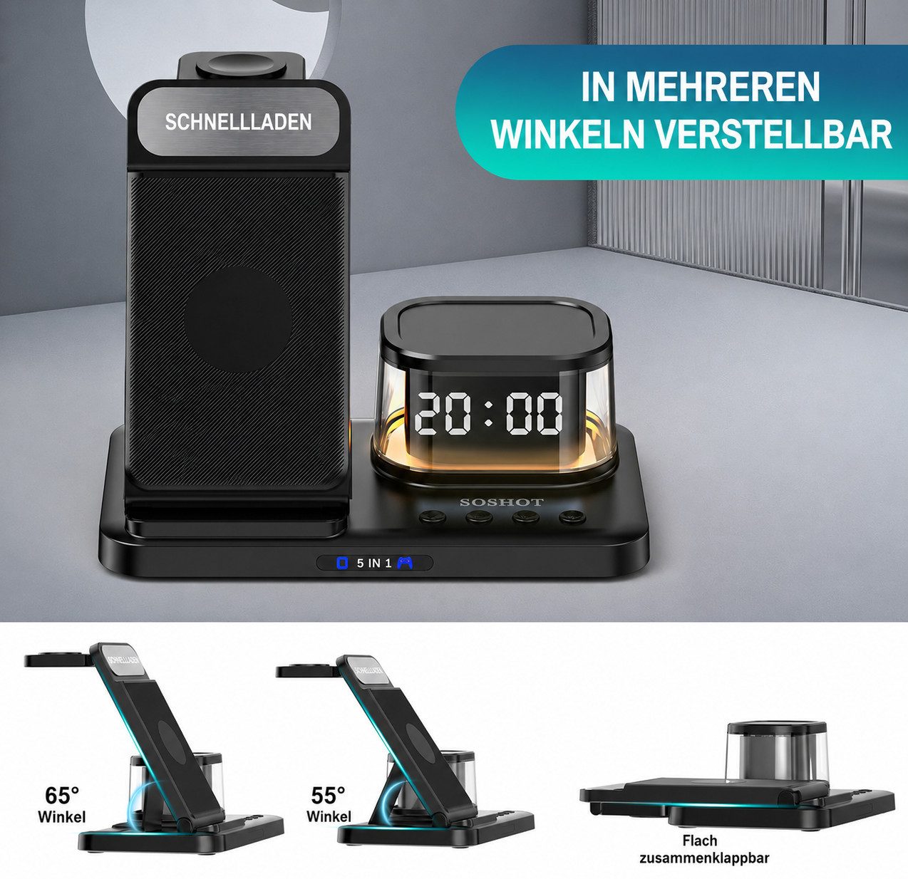 ibettertec 5-in-1 Kabellose Ladestation mit Uhr und Nachtlicht Ladestation (15W Schnellladegerät für iPhone, Apple Watch und AirPods, faltbar, kompatibel mit Sa – Bild 5 von 5