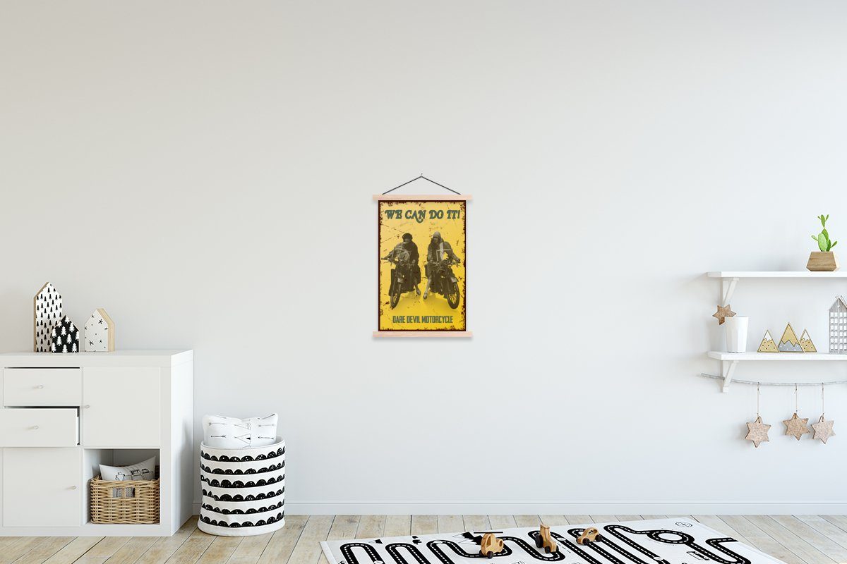 MuchoWow Poster Motorrad - Frauen Zeichnung, - - Textilposter für Posterleiste, Bilderleiste, (1 Wohnzimmer, Magnetisch St), Retro