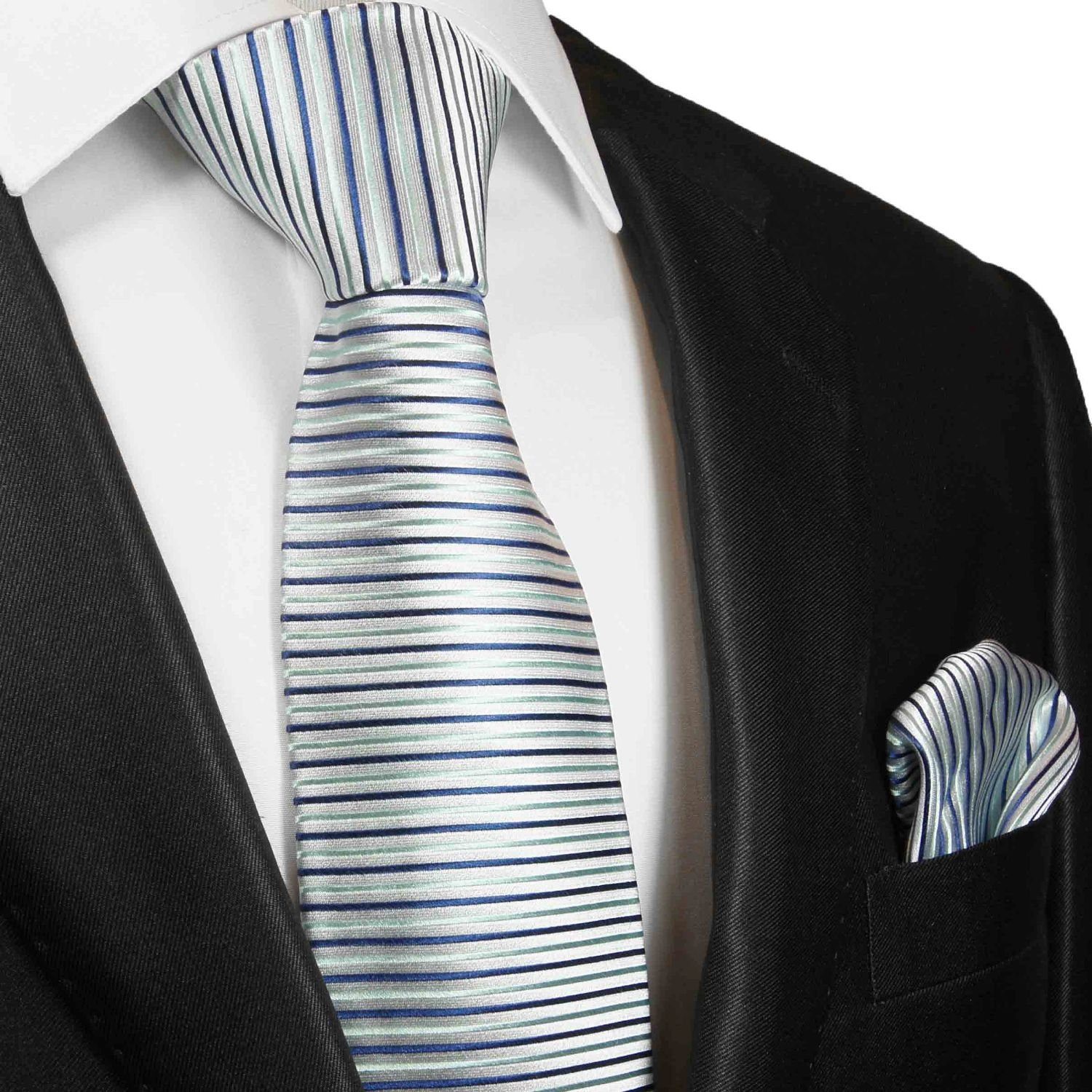 Krawatte silber Einstecktuch) Herren gestreift Seide Malone Paul Krawatte Tuch mit Schmal (Set, 429 (6cm), blau modern Seidenkrawatte 2-St., 100% mit
