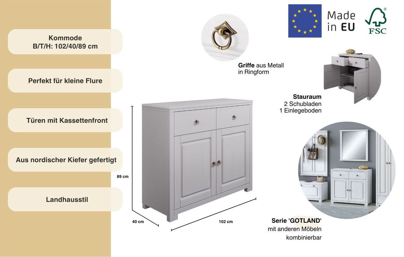 OTTO home Kommode Gotland, aus massiver Kiefer, mit 2 Schubladen, FSC®, Breite 102 cm