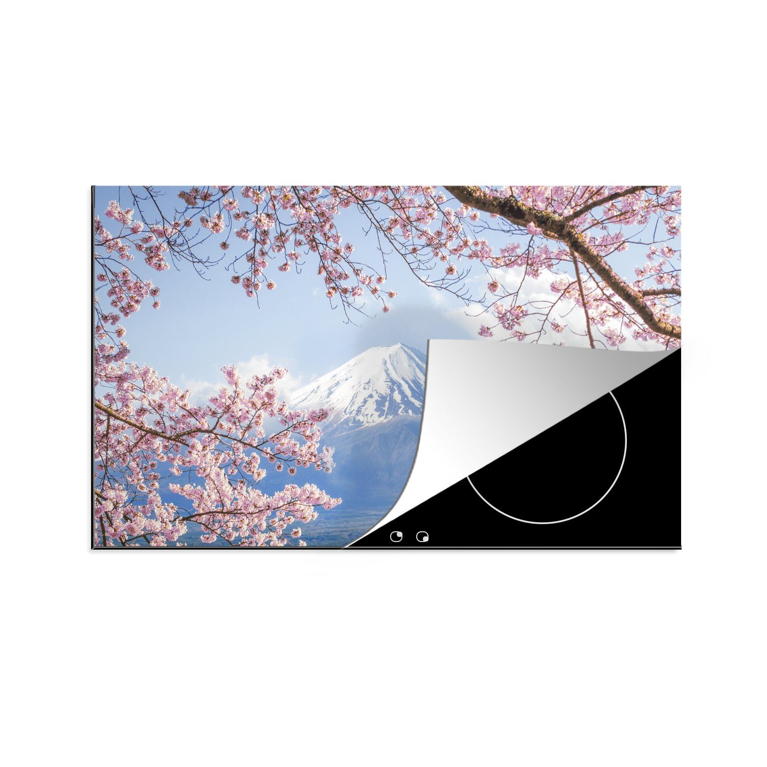 küche tlg), cm, Sakura-Zweige für Ceranfeldabdeckung, Fuji-Berg in Vinyl, am Japan, Arbeitsplatte Herdblende-/Abdeckplatte MuchoWow 83x51 (1