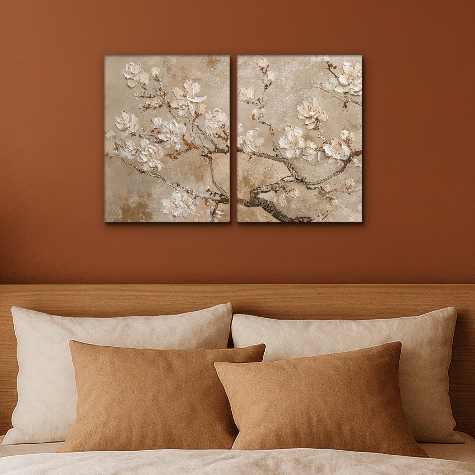 MuchoWow Leinwandbild Beige - Blüte - Modern, Fotodruck (2 St), Wand Bilder 2 Set, Deko Schlafzimmer Wohnzimmer Flur 60x40 cm – Bild 4 von 5