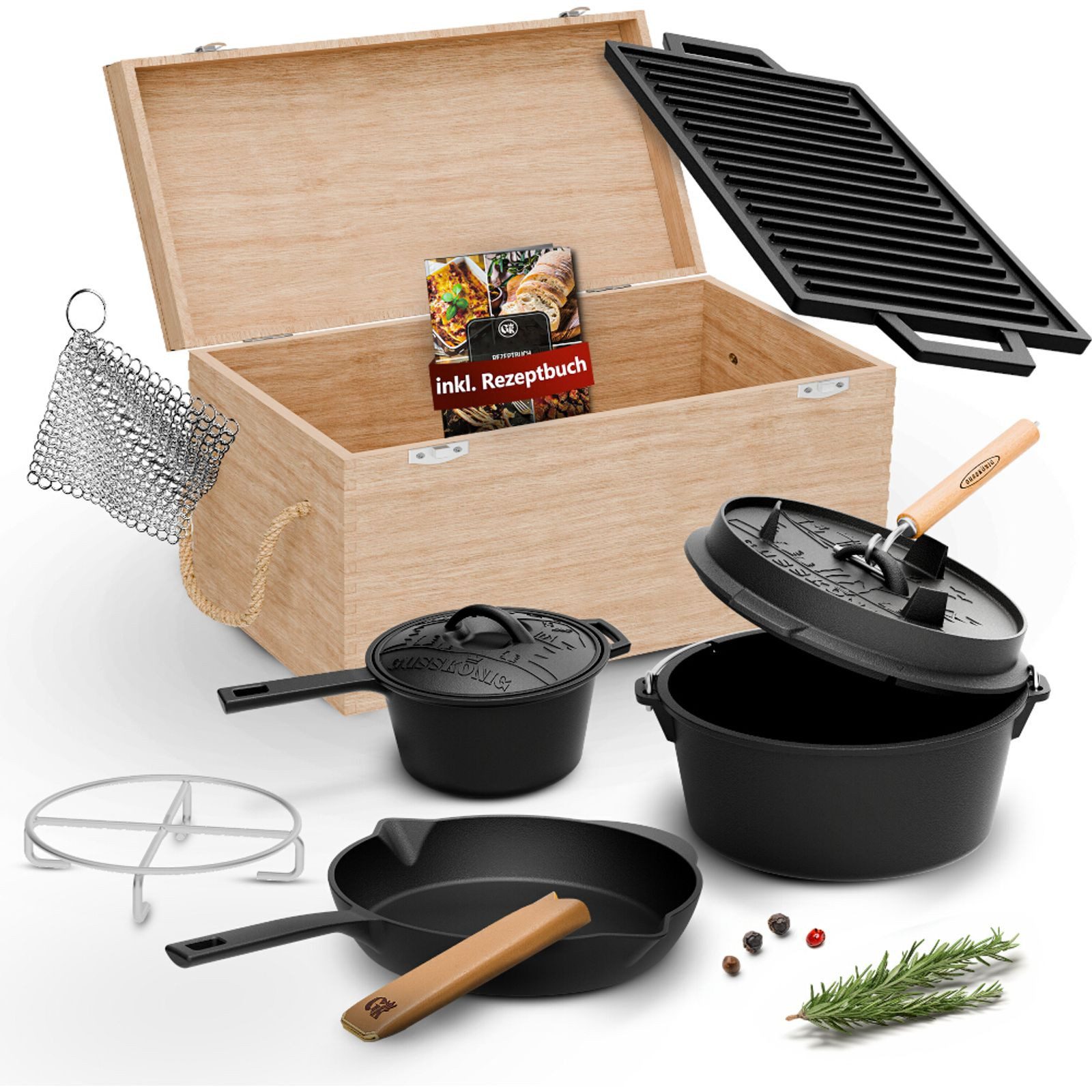 GUSSKÖNIG Topf-Set Gusseisen Set 10-teilig in Holzbox mit Dutch Oven, Gusseisen