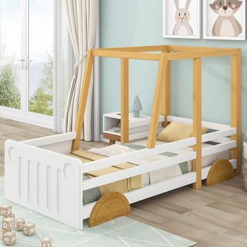 REDOM Kinderbett Kinderbett, Autobett, Jeep-Bett (mit MDF-Rädern, Rahmen aus Kiefer 90x200cm), Ohne Matratze