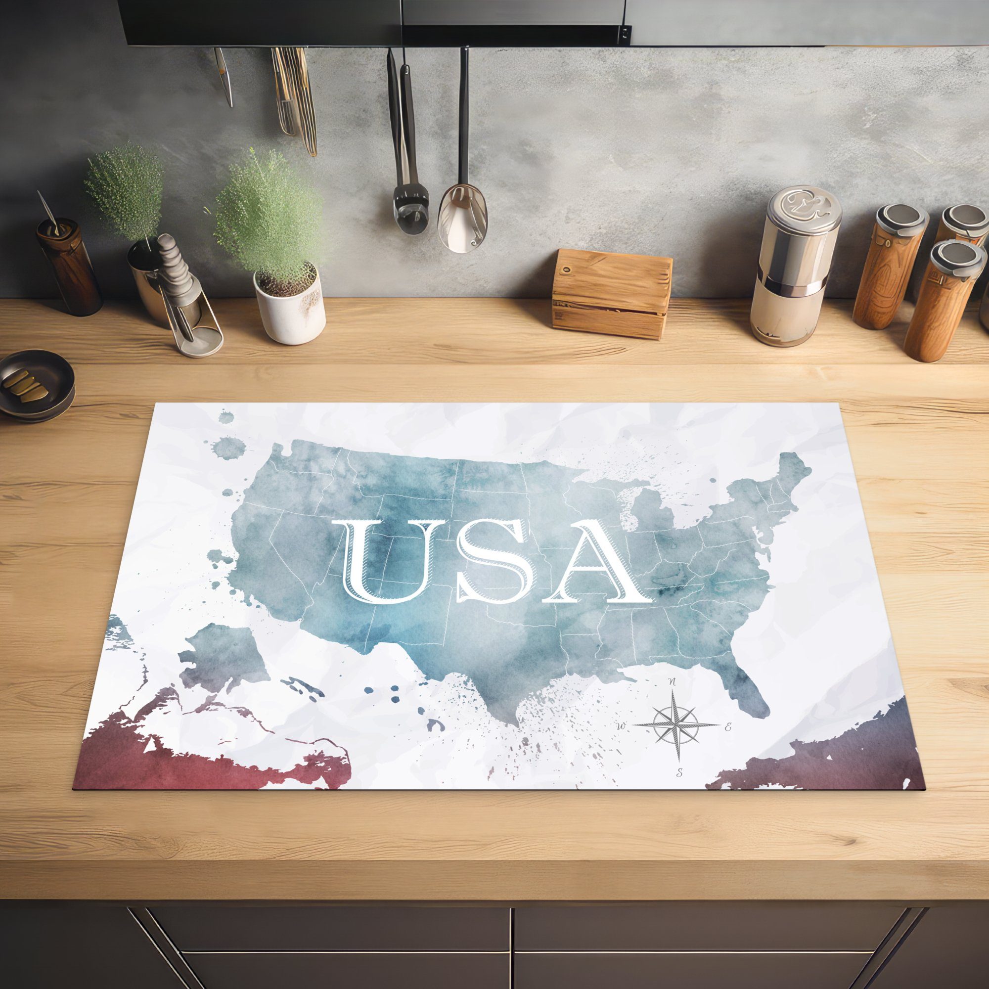 die Staaten - Weltkarte Ölfarbe, Herdblende-/Abdeckplatte MuchoWow küche, Vinyl, - Schutz cm, 81x52 (1 tlg), Ceranfeldabdeckung Induktionskochfeld für Vereinigte