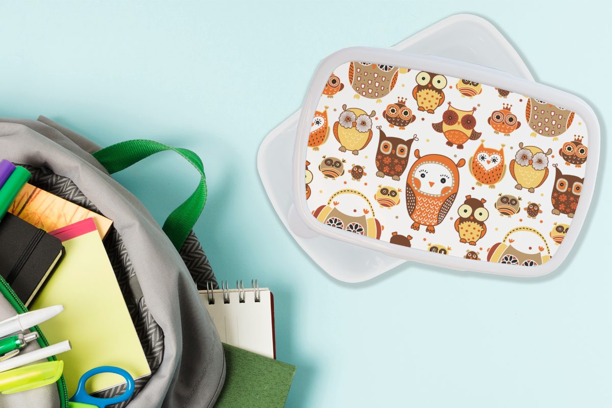 für - weiß - und Erwachsene, Mädchen Muster Kinder Kinder, - - Lunchbox Mädchen (2-tlg), für - Kunststoff, - MuchoWow Brotbox Eule Brotdose, Orange Mädchen Kind Jungs und