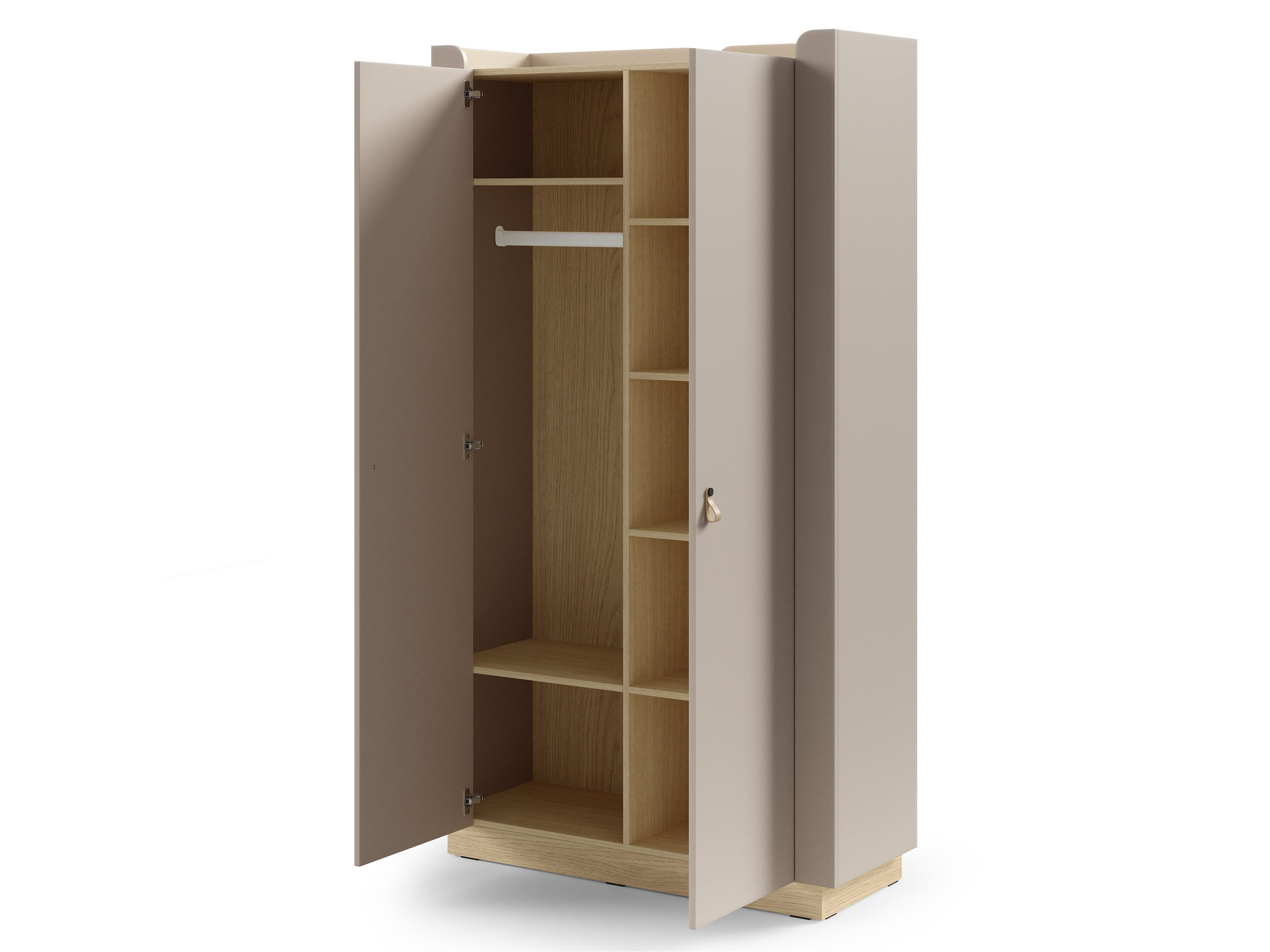 Beautysofa Kleiderschrank SORELLA 2-türig, 110 cm (moderner Schlafzimmerschrank mit Kleiderstange, Einlegeböden, Designergriffen aus Leder) Jugendzimmerschrank in Porcini oder Macadamia mit Eiche Mavelie