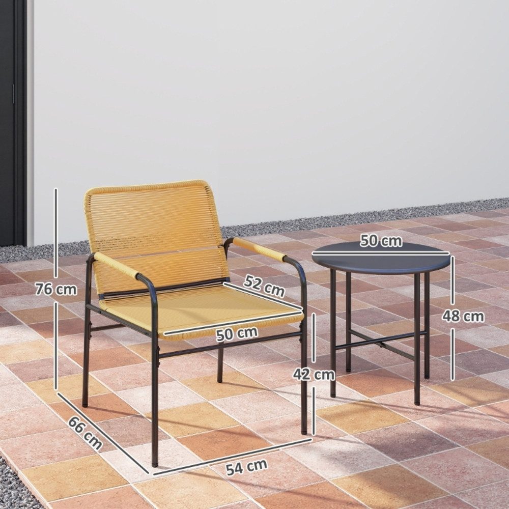 OKWISH Sitzgruppe 3‑tlg. Rattan-Bistroset mit 2 Gartensesseln & Couchtisch, Stahlgestell, (Set, 3-tlg., Balkonmöbel für Terrasse, Garten & kleine Außenbereiche, in Gelb), 2‑Personen-Garnitur für entspannte Stunden im Freien
