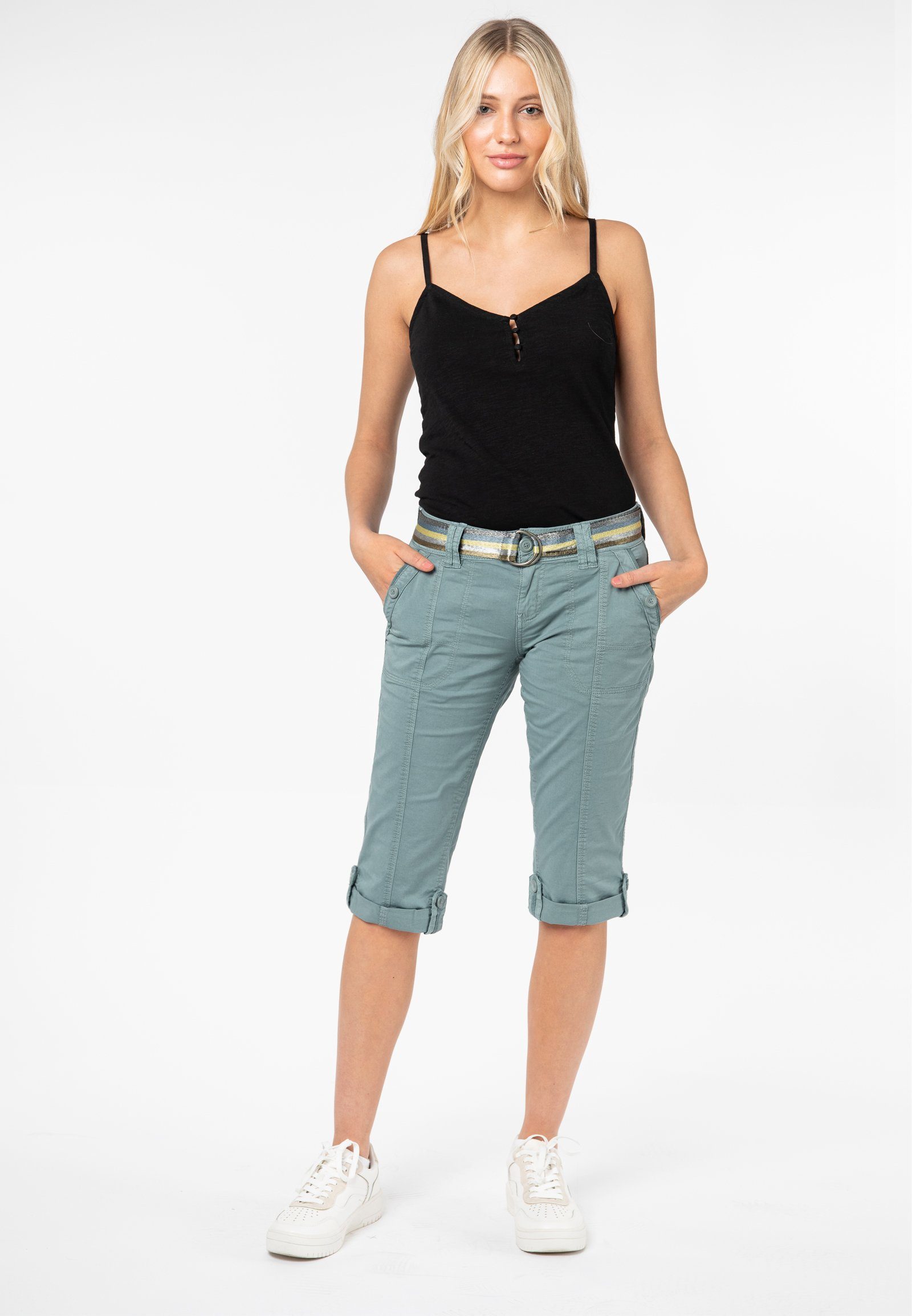 Fresh Made Caprihose Damen Caprihose Sommerhose mit buntem Gürtel Capri kurze Hose Sommerfarben