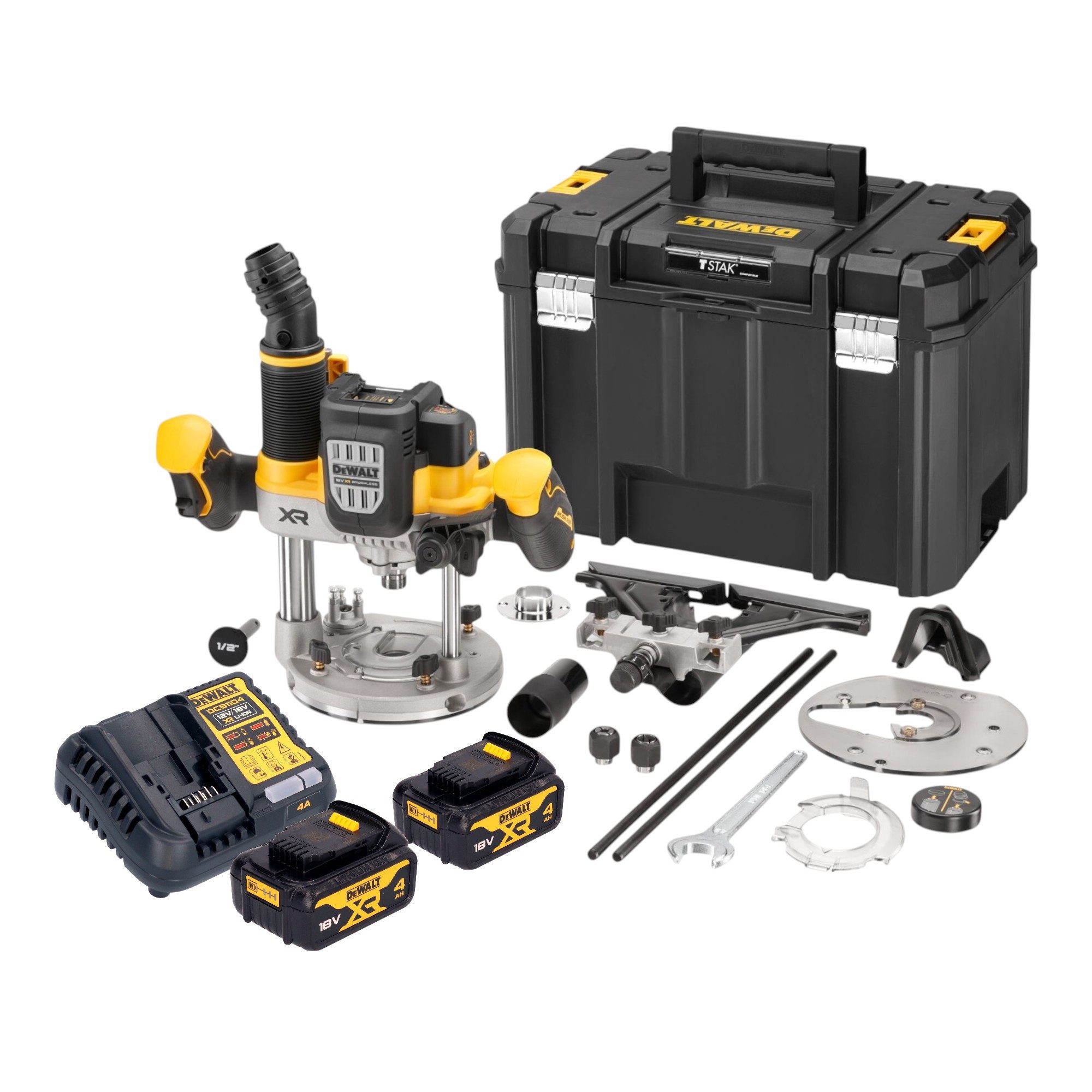 DeWalt Oberfräse DCW 620 M2T 18 V 12 mm + 2x Akku 4,0 Ah + Ladegerät + TSTAK