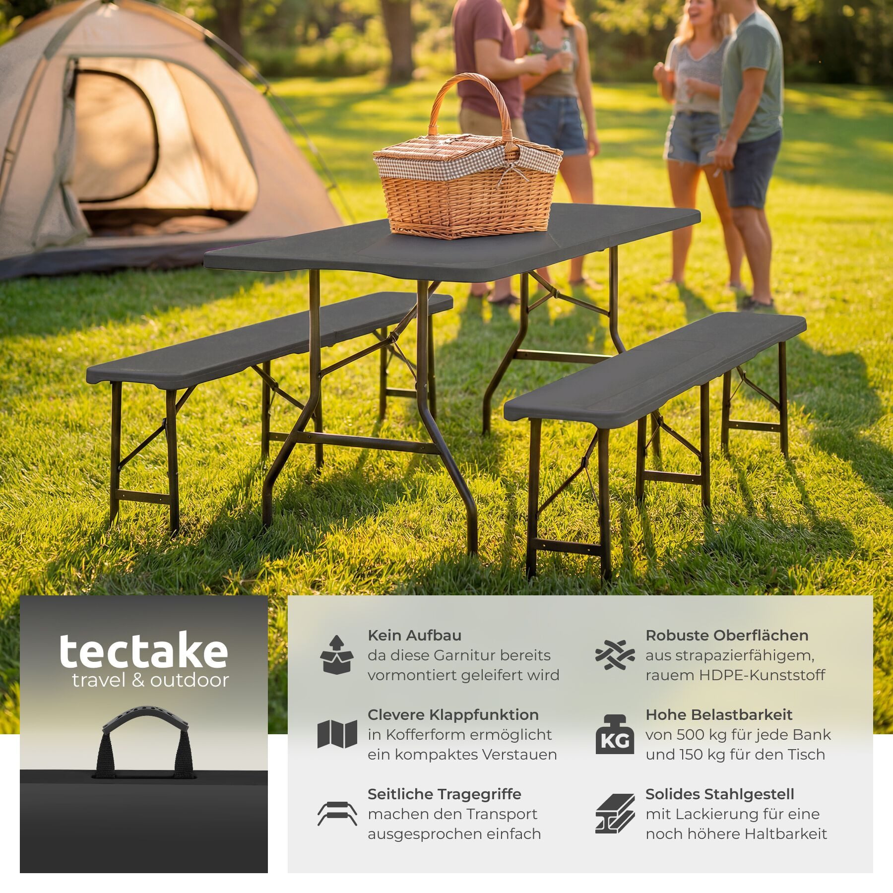 tectake Campingtisch Festzeltgarnitur klappbar wetterfest aus Kunststoff für 8 Personen (Partygarnitur Panja, 1-St., 3-tlg), Kompakte Campinggarnitur zum Zusammenklappen in Kofferform