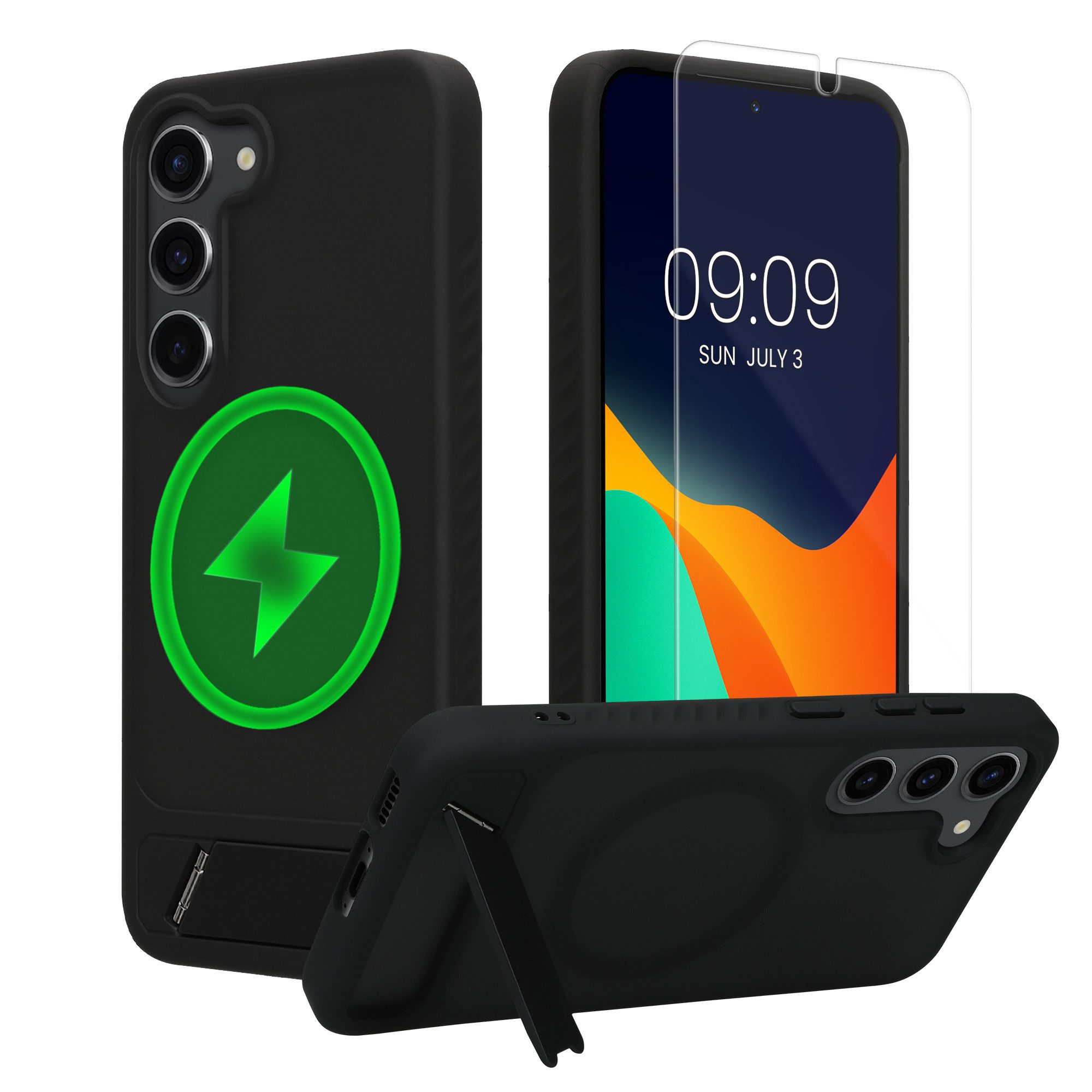 kwmobile Smartphone-Hülle Handyhülle für Samsung Galaxy S23 Hülle, Kunststoff TPU Case - Glas Folie - Kompatibel mit MagSafe - Ständer