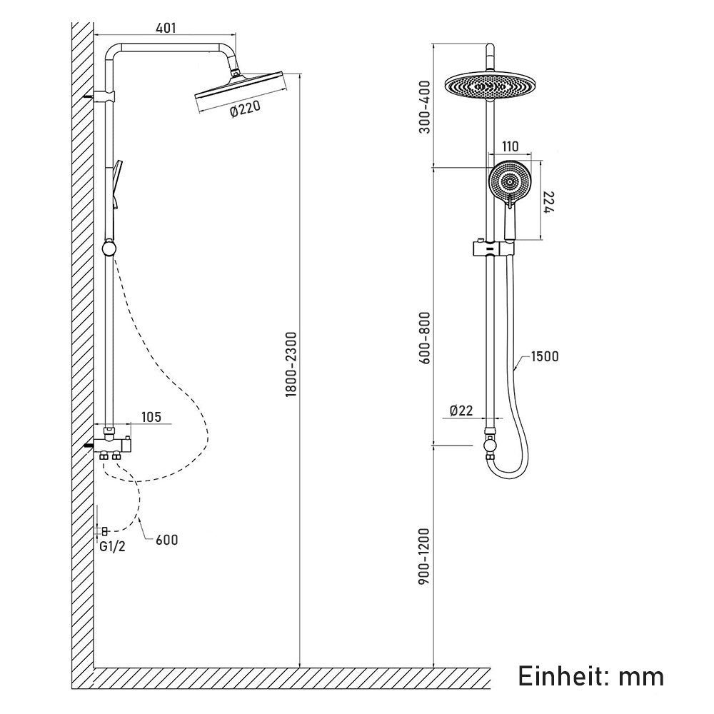 XIIW Duschsystem Duschsystem Regendusche Duscharmatur ohne armatur Duschset inkl. Duschkopf 3 Funktion Handbrause mit Duschstange Höhenverstellbar,Umstellung Dusche Messing für Boiler, 3 Strahlart(en)