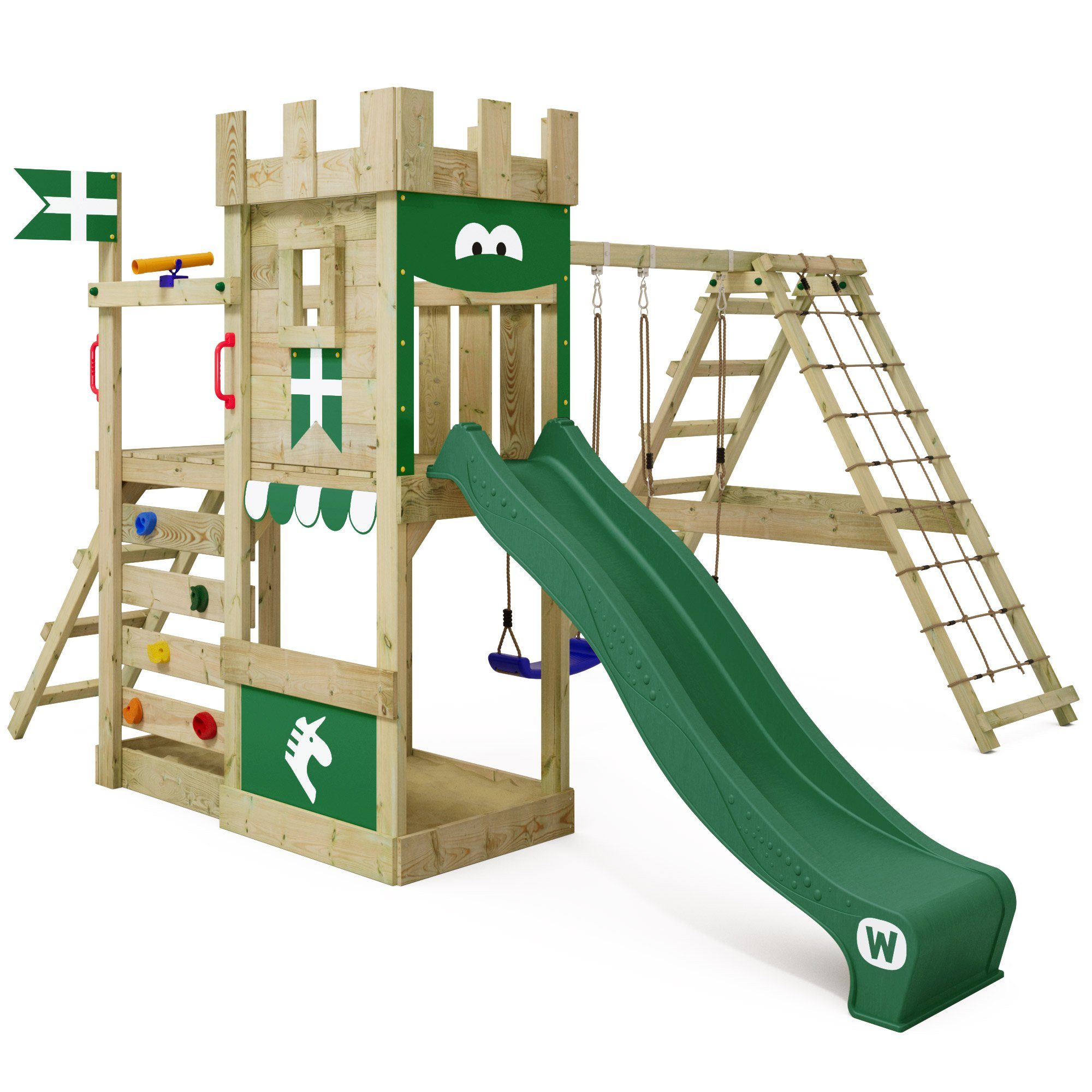 Wickey Spielturm DragonFlyer Klettergerüst mit Kletteranbau im Ritterburg-Design, Unvergessliche Erlebnisse für Kinder mit 10 Jahren Garantie*