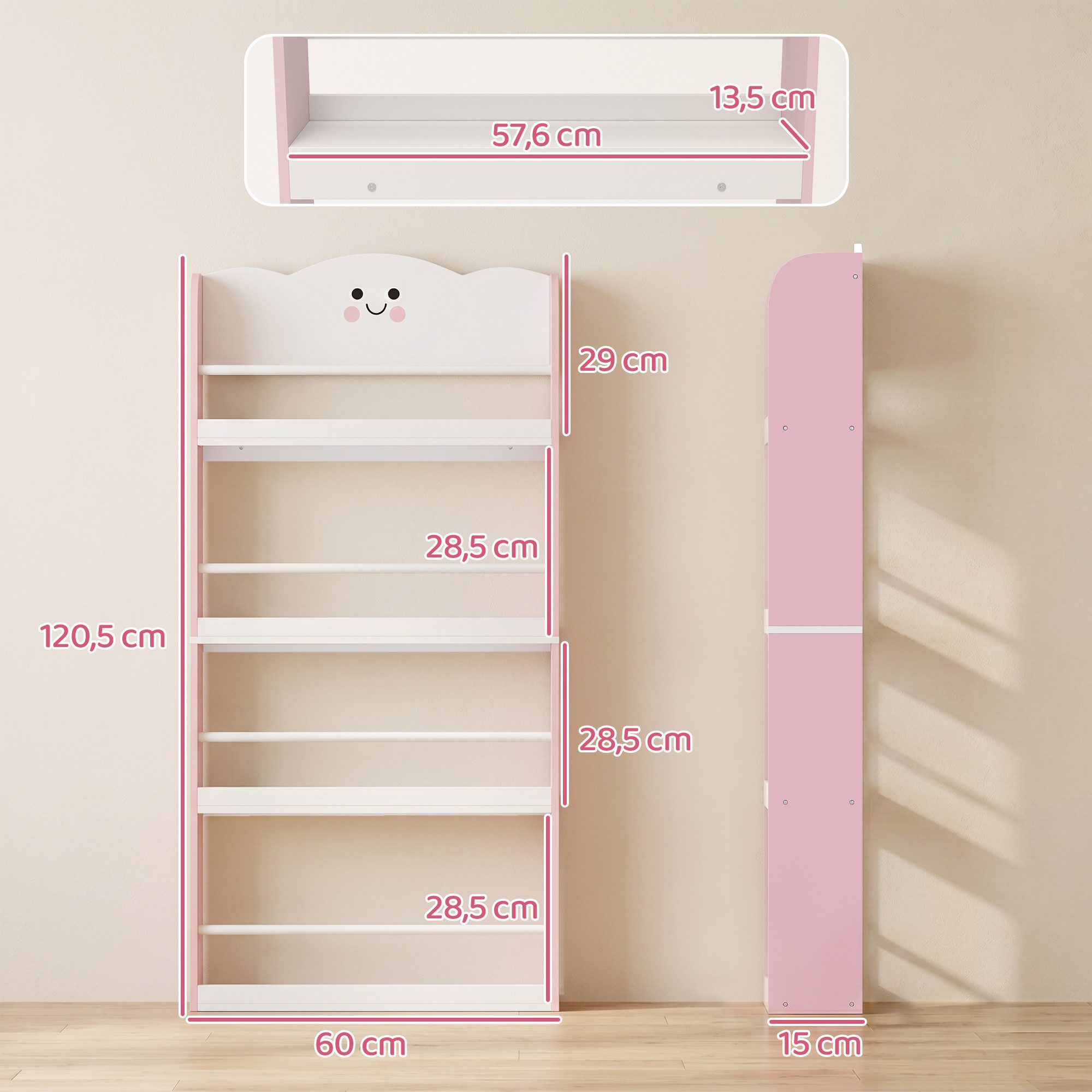 AIYAPLAY Kinderregal Bücherregal Kinder, 4 Etagen, Spielzeugregal, Zuckerwatte-Design, Kinderzimmerregal 1-tlg., Wandmontage, Anti-Kipp-Kit, platzsparend