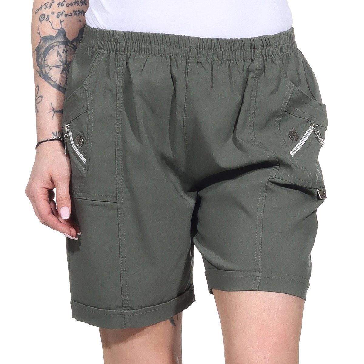 Shorts Aurela auch leichte erhältlich, elastischem großen Damen Sommerhose in Damen Strandshorts Damenmode Kurze Shorts Größen mit Bund Khaki