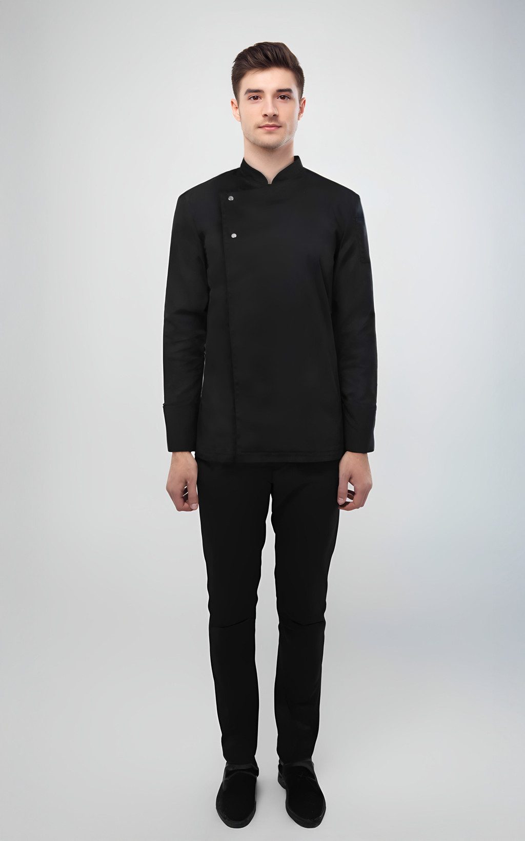 SENTYRZ Kochjacke Schwarze Berufsjacke in 5 Größen mit seitlichem Verschluss Elegantes Design mit Druckknöpfen - Innovation für Profis!