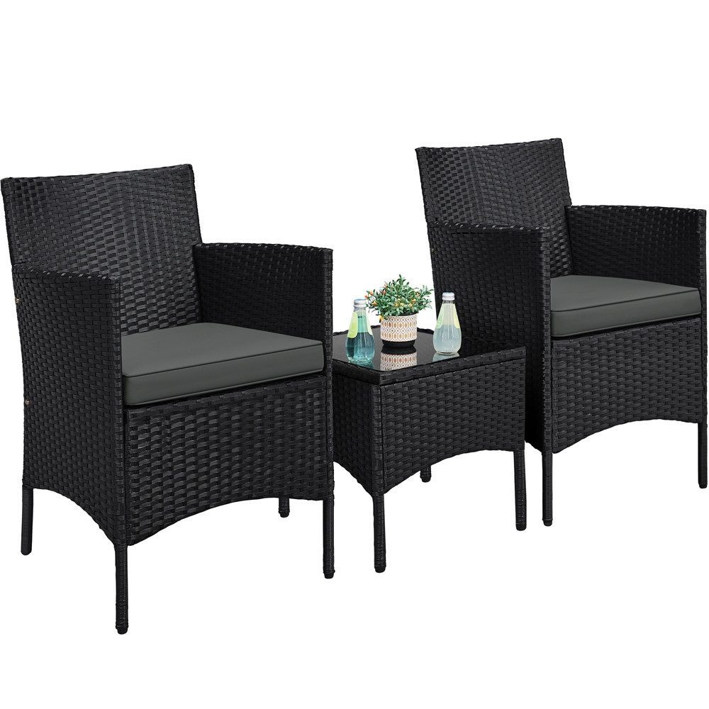 Yaheetech Balkonset Gartenmöbel-Set 3-Teilig in Rattanoptik für 2 Personen, Gartengarnitur inkl. 2 Stühle mit Kissen & Tisch mit Hartglasplatte