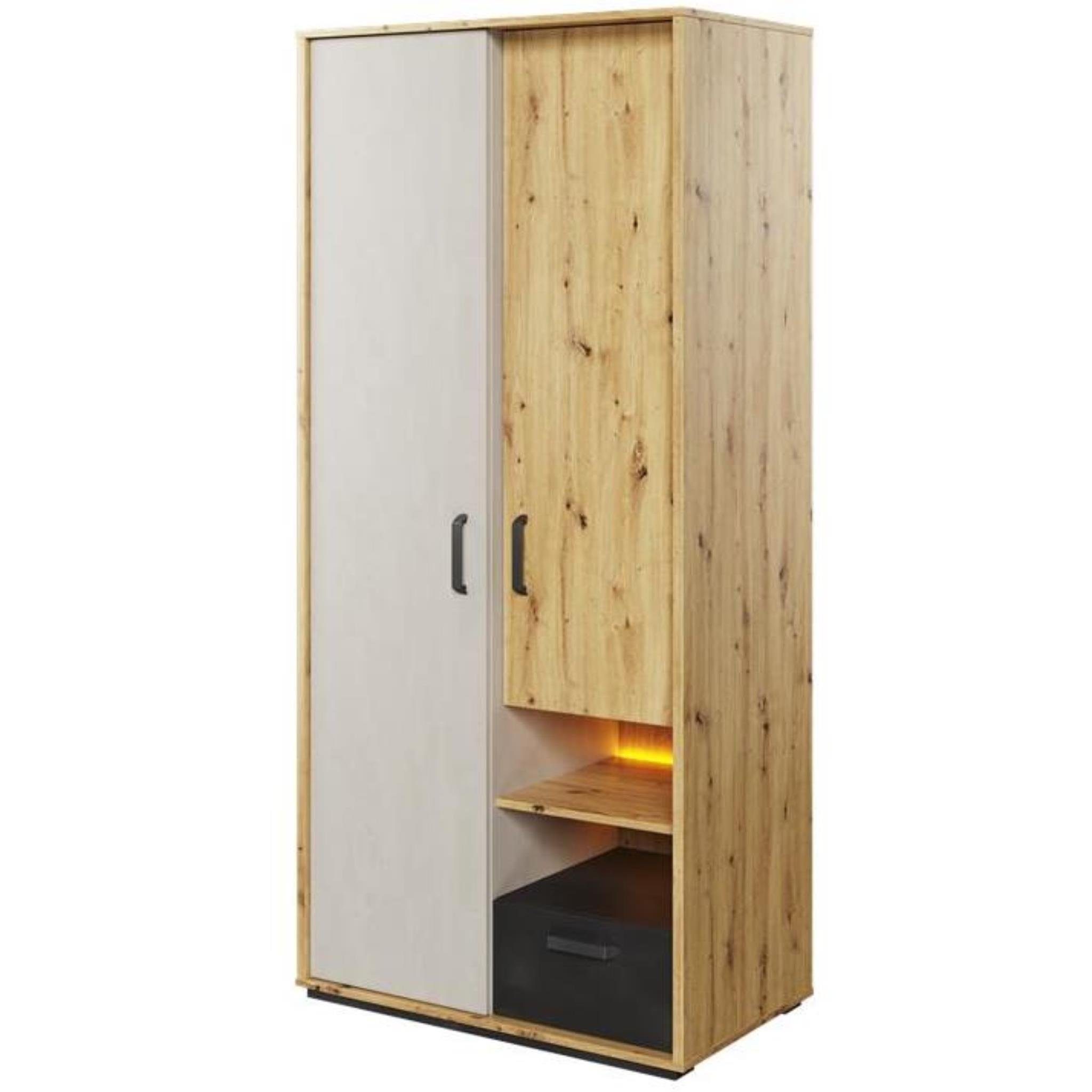 Beautysofa Kleiderschrank (Drehtürenschrank, Led-Beleuchtung Schublade, Kleiderstange, 3 mit Regale, Garderboenschrank) mit Qubic