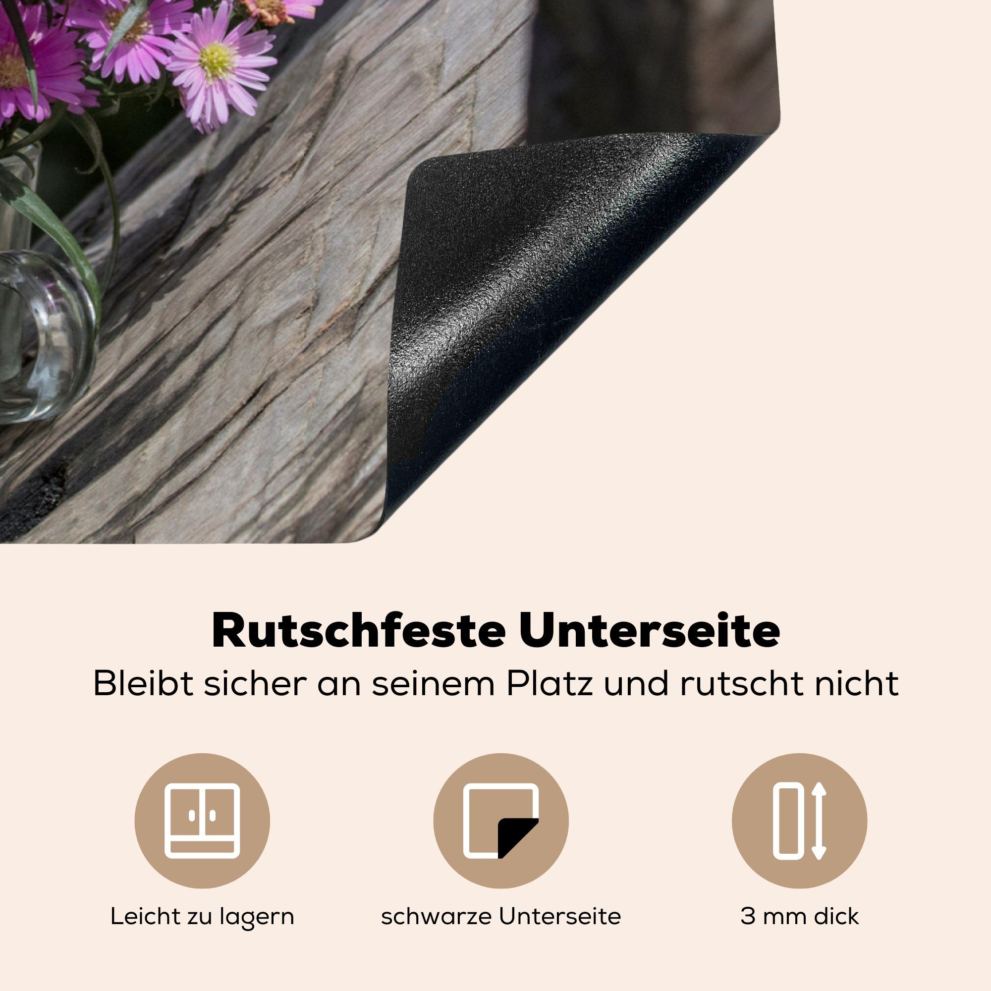 Stück küche, einem 81x52 Induktionskochfeld Asternblüten für Ceranfeldabdeckung Vinyl, MuchoWow auf (1 die Schutz Ein cm, Holz, Strauß Herdblende-/Abdeckplatte tlg),