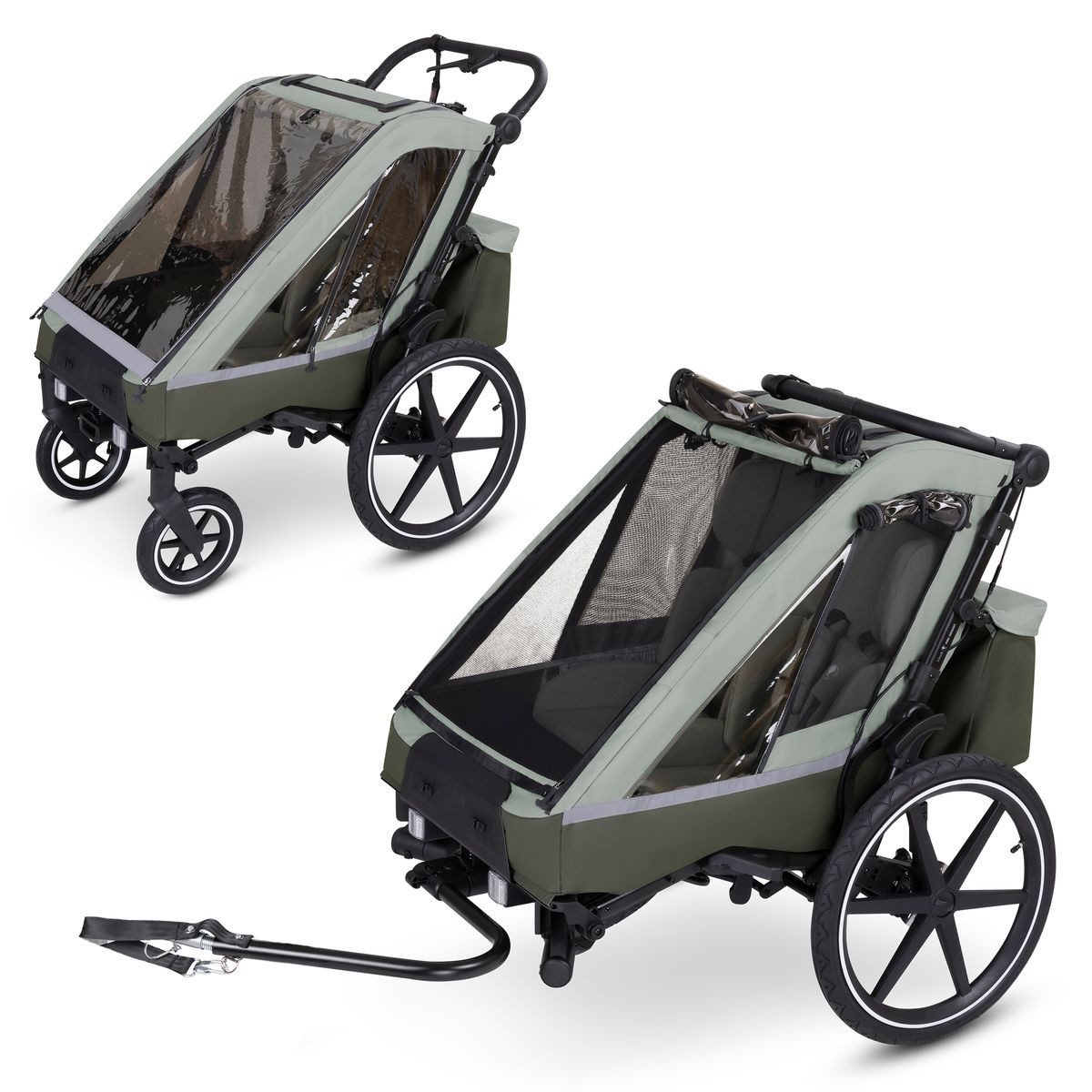 ABC Design Fahrradkinderanhänger Tour - Olive, Fahrradanhänger Faltbarer 3in1 Kinderanhänger für 2 Kinder mit Zubehör