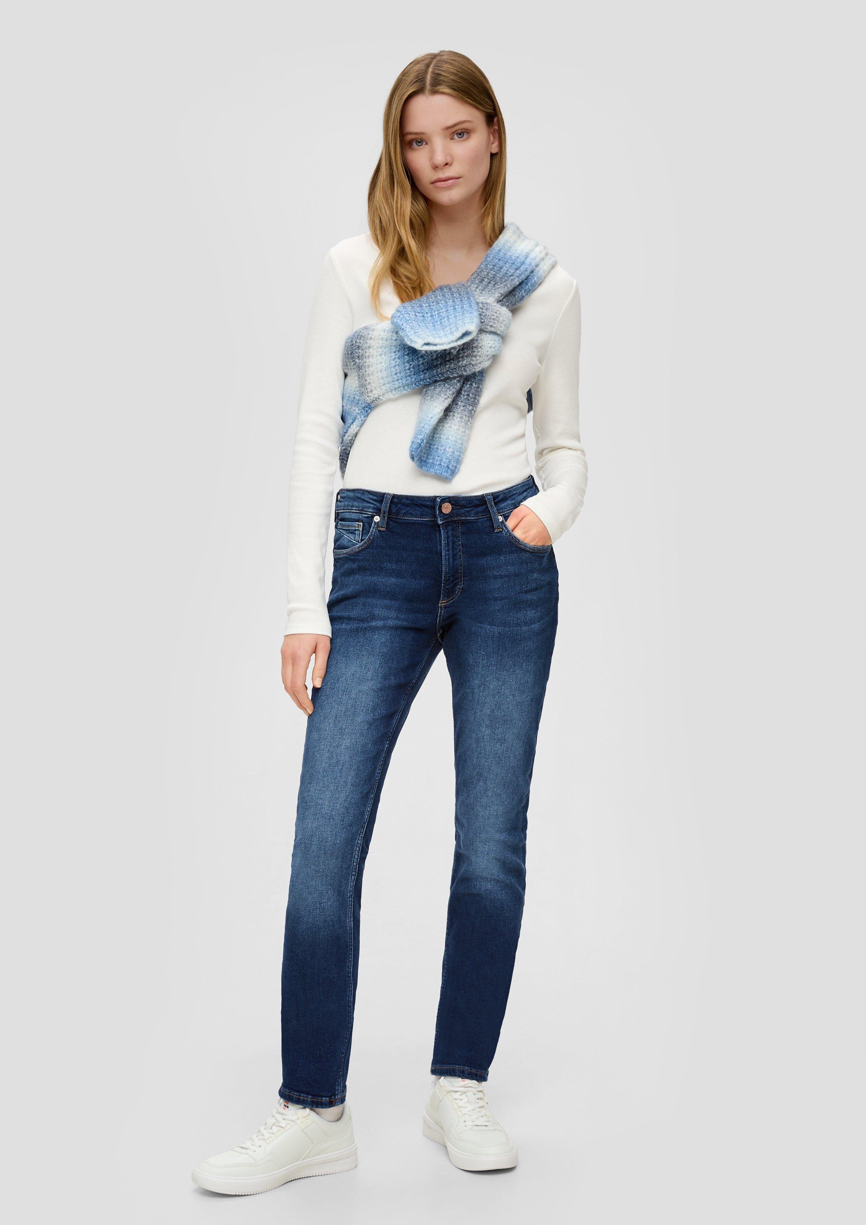 QS Stoffhose Jeans Catie / Slim Fit / Mid Rise / Slim Leg Label-Patch, Waschung, Kontrastnähte