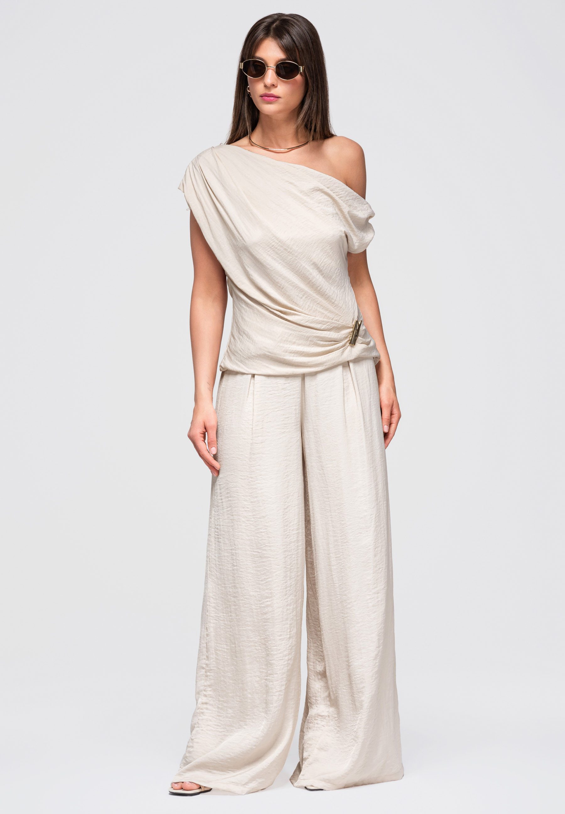 OMBRE Palazzohose Damen Palazzohose mit weitem Bein elegant Beige S (kein Set, 1-tlg)