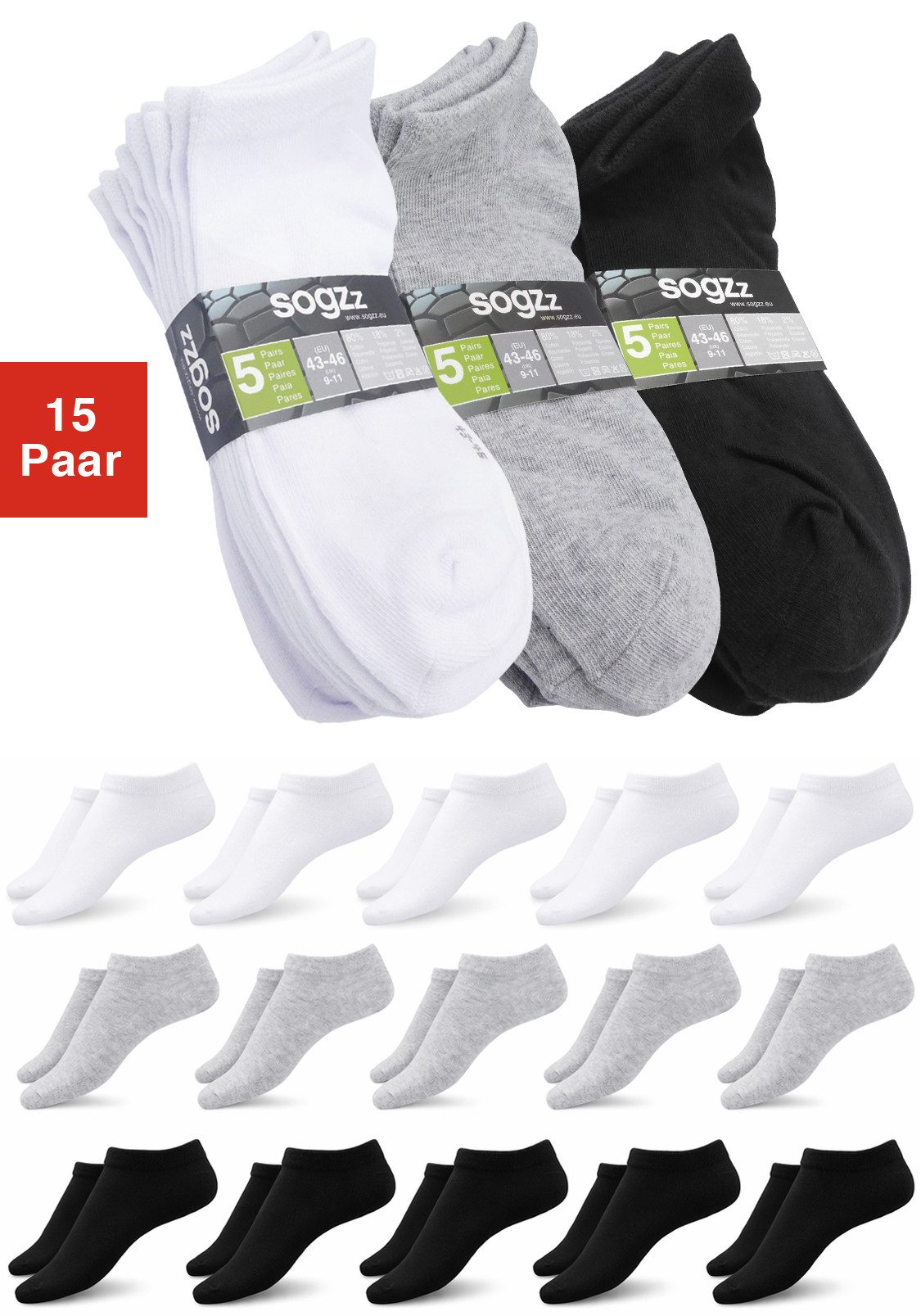 sogzz Sneakersocken 15er Pack (5x Weiß, 5x Schwarz, 5x Grau) Sneaker Socken Damen & Herren (Weiß Schwarz Grau, 15-Paar, Im praktischen Vorteilspack) Hoher Baumwollanteil mit 80%, Designed in Germany