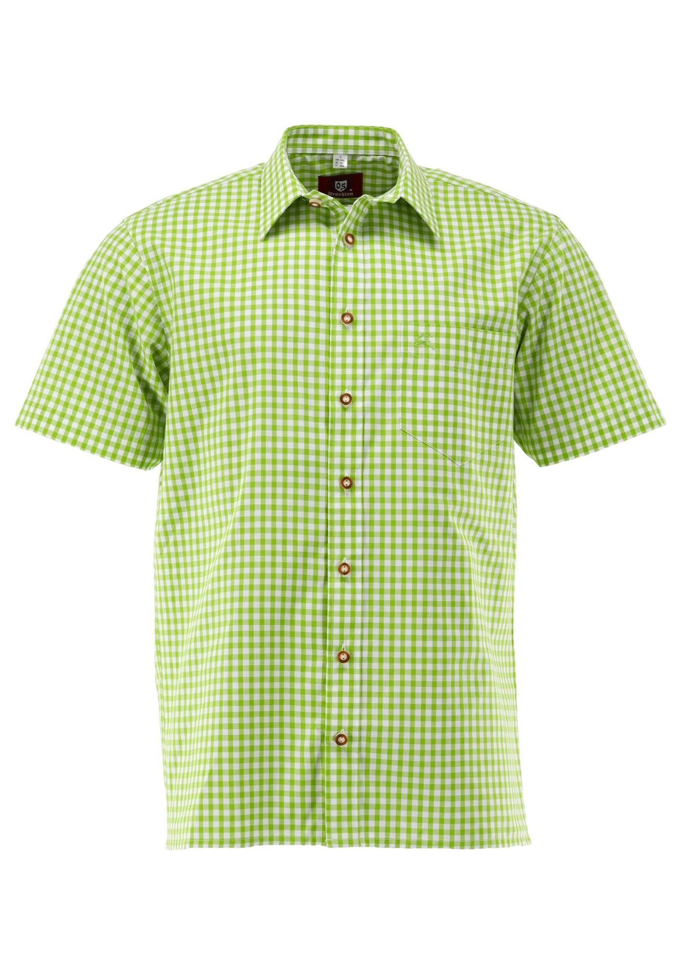 mit Hirsch-Stickerei aufgesetzter OS-Trachten Zihul Trachtenhemd giftgrün mit Brusttasche Kurzarmhemd