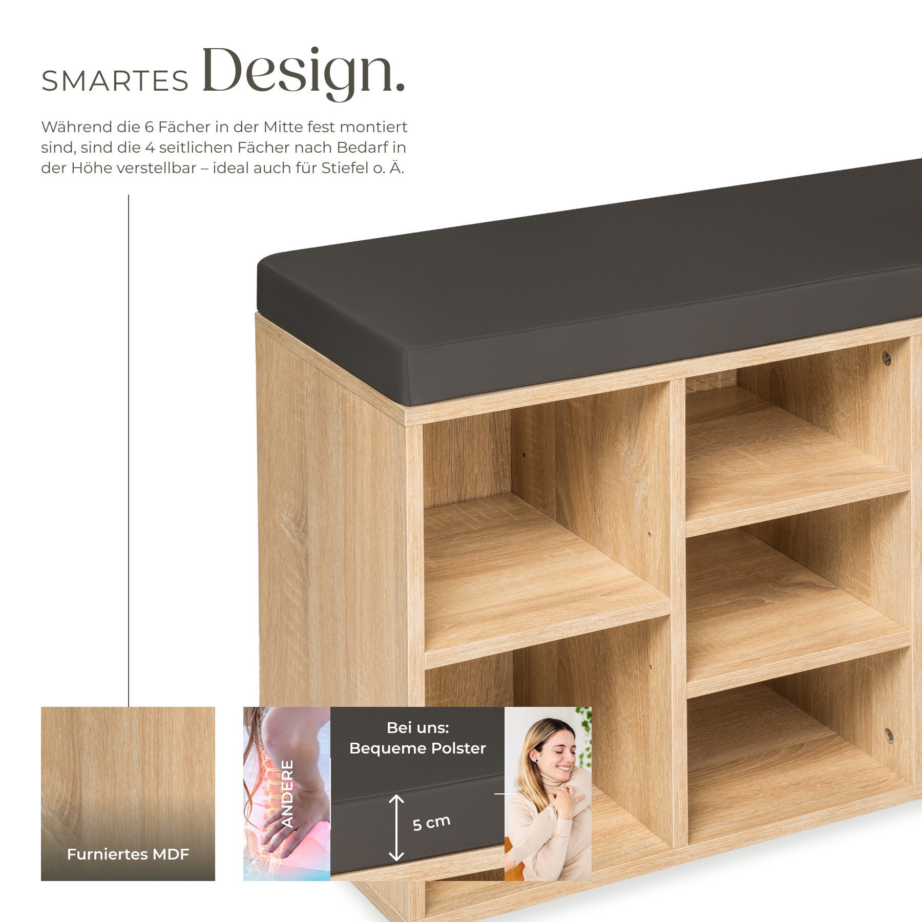 tectake Schuhschrank Schuhkommode, 103,5 x 48 x 30 cm, für 10 Paar Schuhe (Set mit Schrank+Kissen, 1-St., inkl. Sitzkissen) abnehmbarem Sitzpolster, 2 verstellbare Zwischenböden