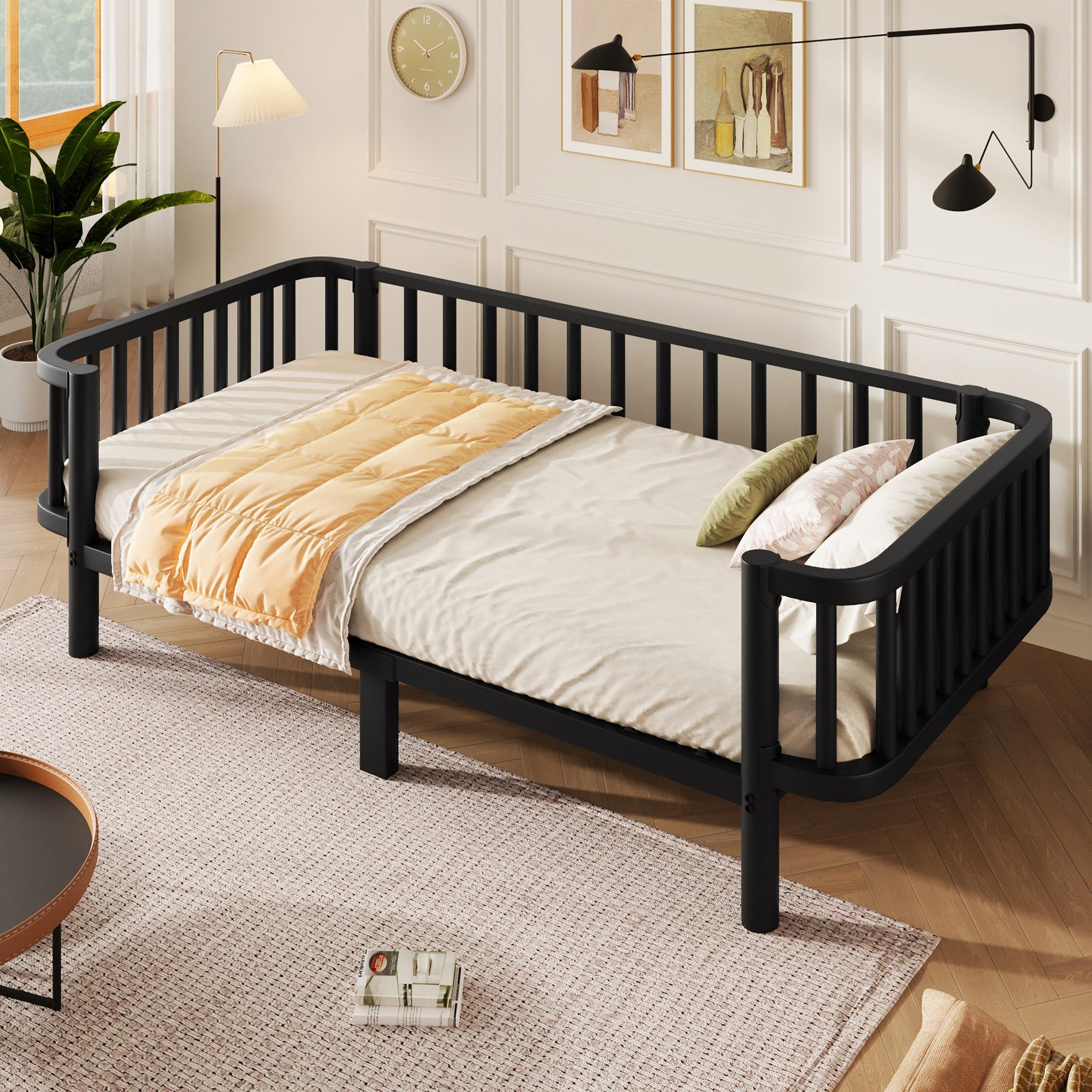 Flieks Kinderbett, Metallbett Kinderbett 90x200cm mit Lattenrost und Sicherheitsgeländer