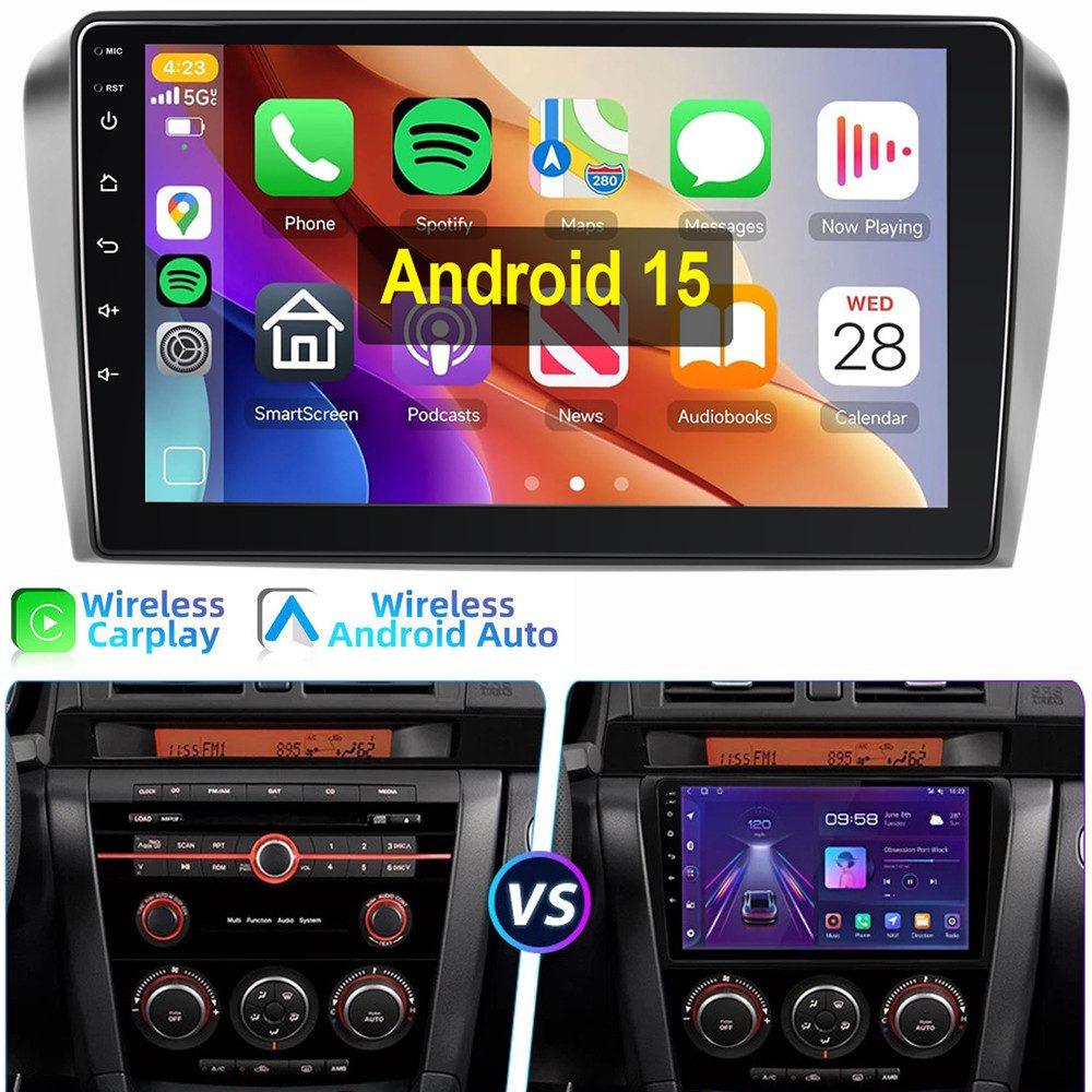 ESSGOO 9" Android 15 Autoradio Für Mazda 3 2003-2009 BK Carpaly Navi WIFI BT Autoradio (4+4GB optional, BT, FM AM SWC RDS)
