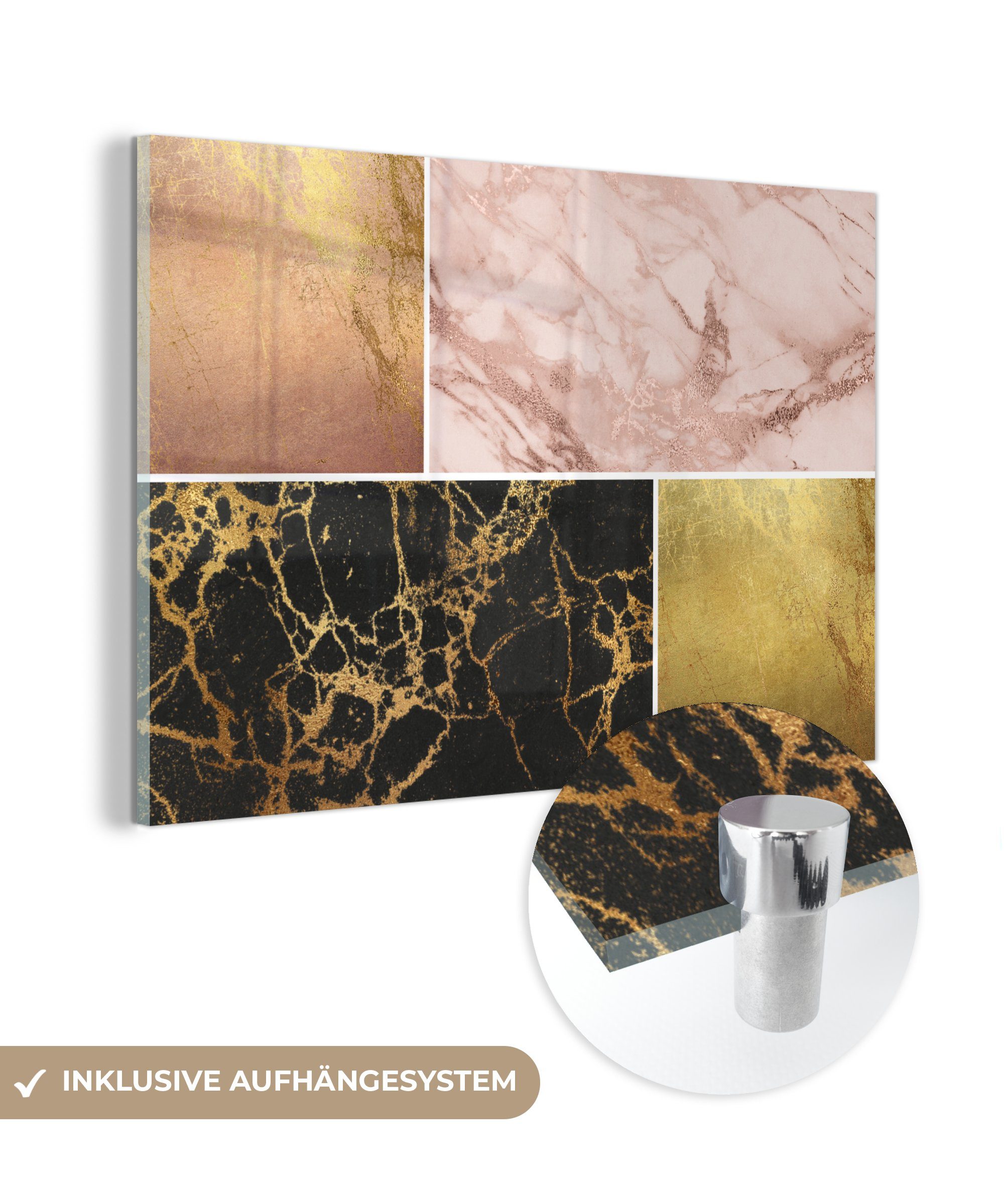 Gold, (1 Rosa - Acrylglasbild Glas Foto Wandbild Glasbilder Marmor St), MuchoWow - - auf auf - Wanddekoration Glas Bilder -