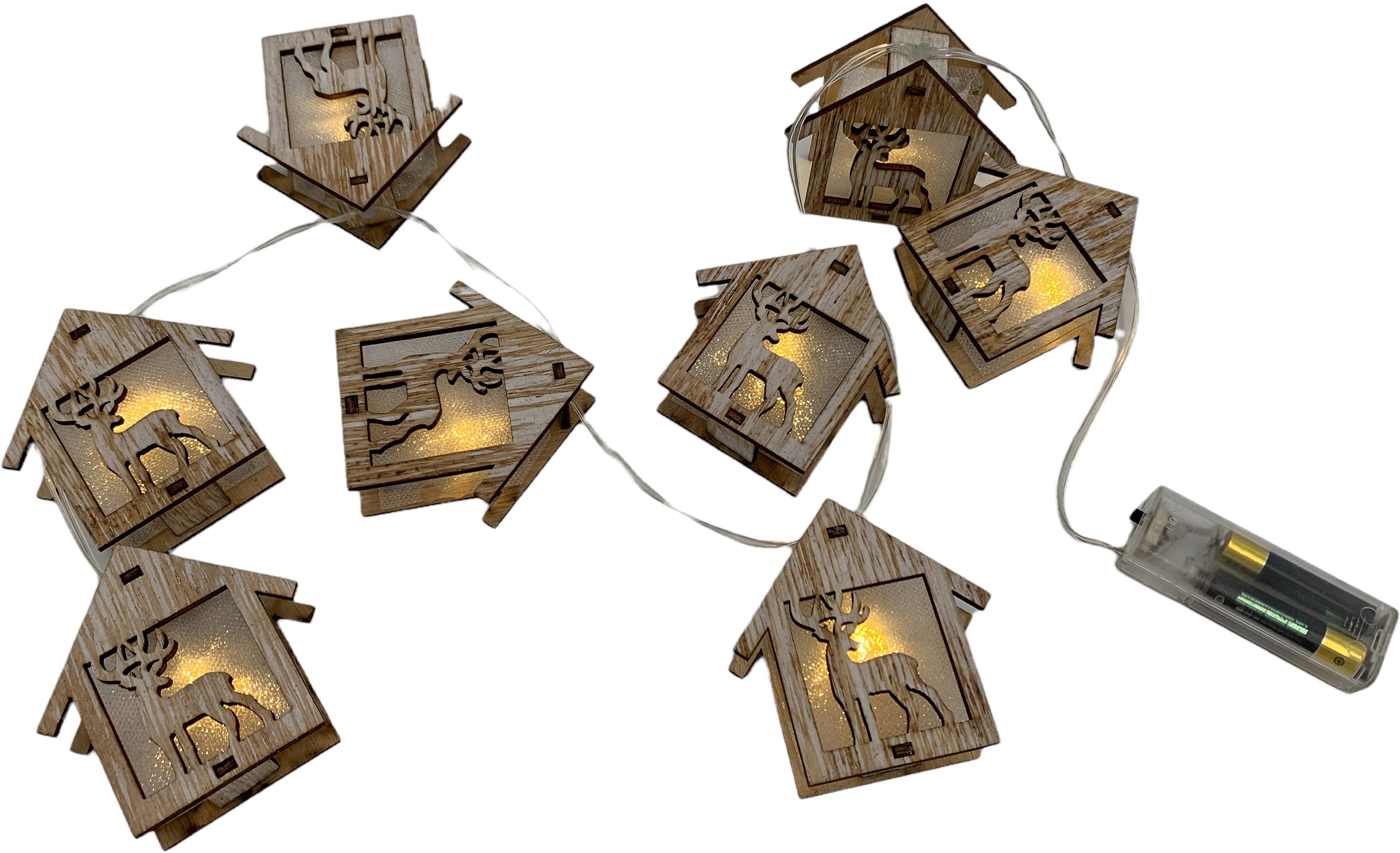 Lichterkette »Weihnachtsdeko«, 8-flammig, Häuschen mit Rentier Motiv, aus  Holz, indoor, Länge 80 cm, im 2er-Set
