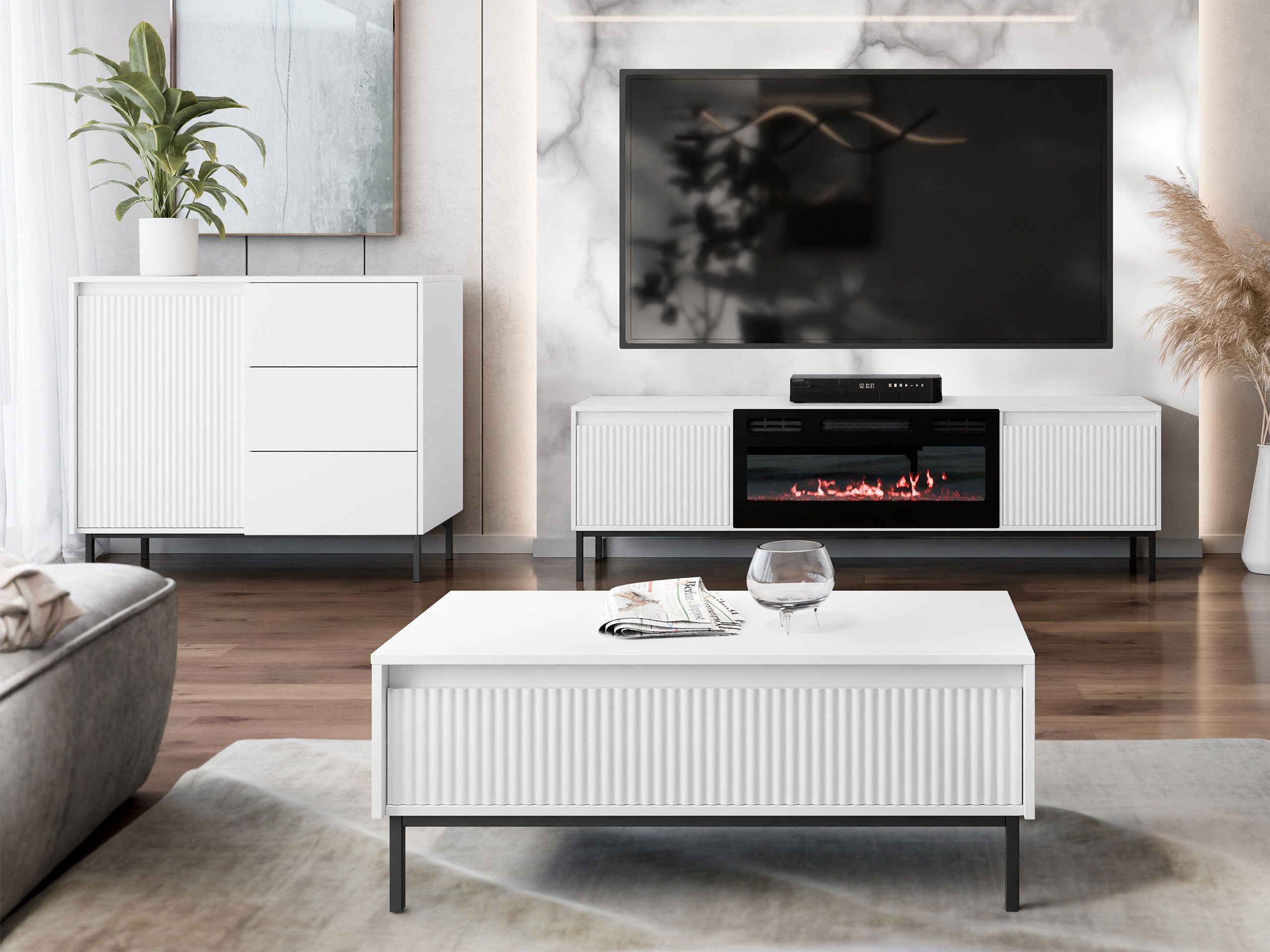 MIRJAN24 Wohnzimmer-Set Ozmi IV, (Kommode, TV-Lowboard mit Kamin, Couchtisch), Realistische LED-Flamme