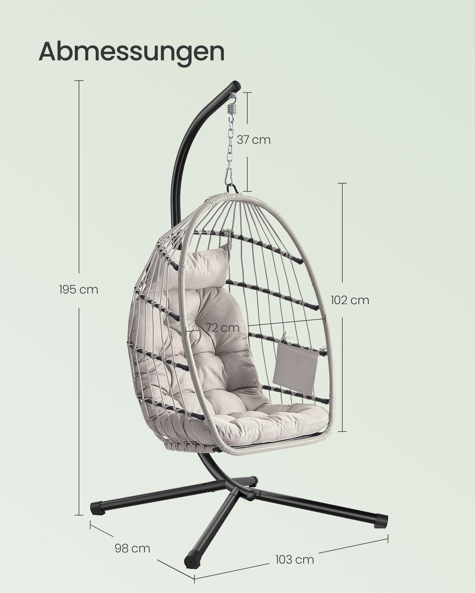 SONGMICS Hängesessel mit Kissen Ei-Design Balkon & Garten inkl. Zubehörpaket & Anleitung, Schaukelstuhl mit Gestell, klappbarer Korbsessel höhenverstellbar