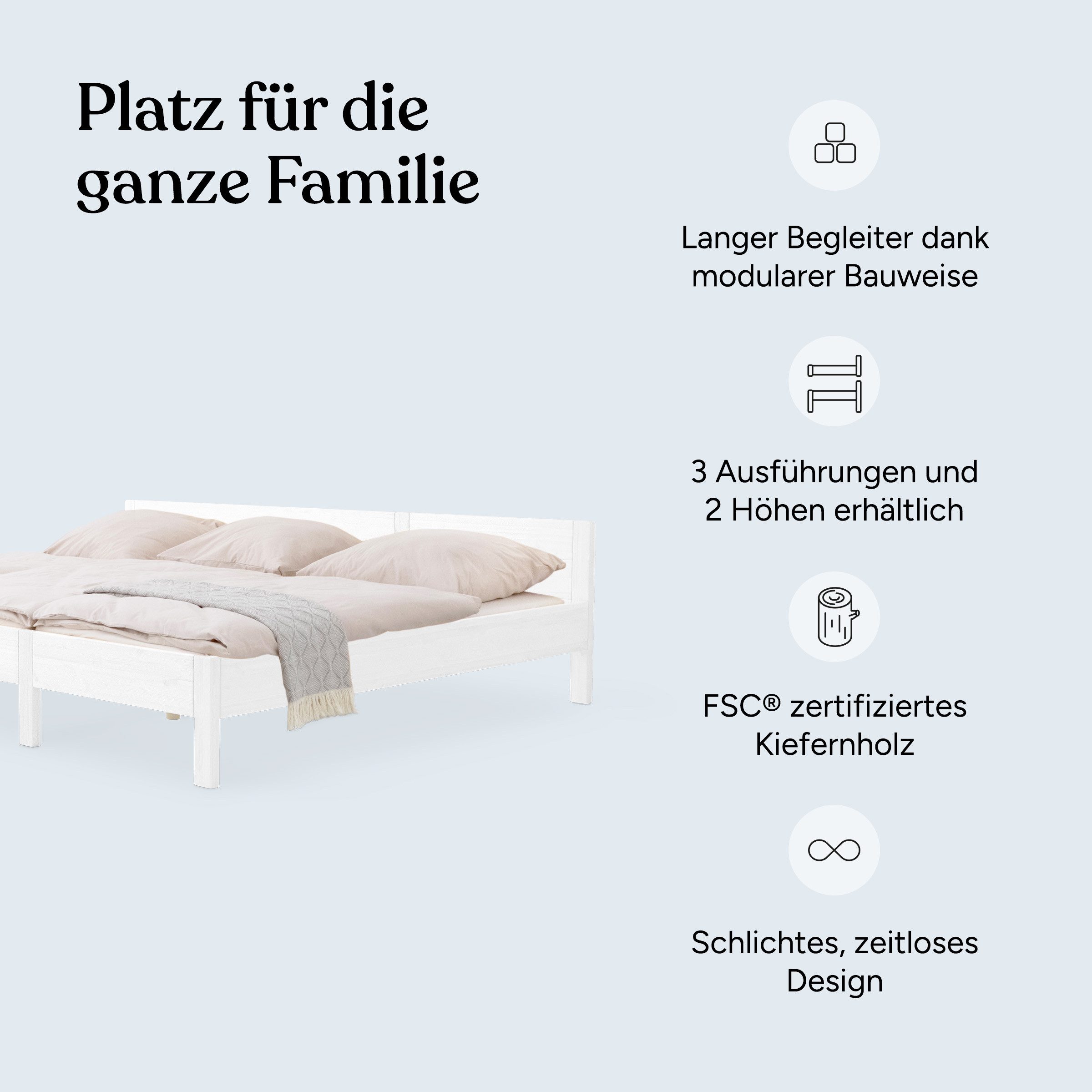 Ehrenkind Holzbett Familienbett Kiefer 270x200 cm (modulare Bauweise, Gemeinsamer Schlafplatz für die ganze Familie), aus massivem Kiefernholz