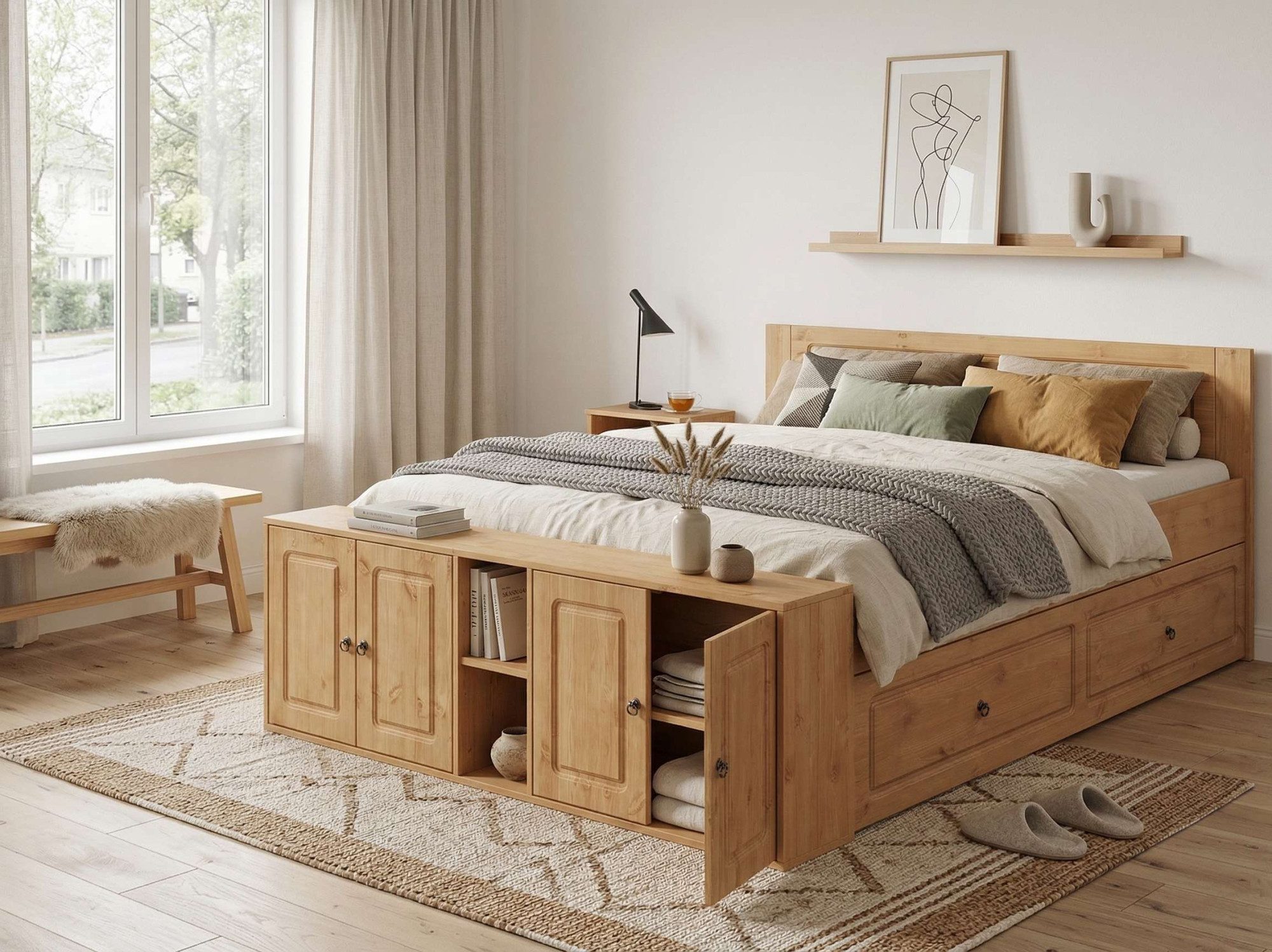 OTTO home Massivholzbett Paula, mit Türen und Ablage, Schublade optional, Landhausstil (B/T/H: 148,8/224,4/82 cm), Massive Kiefer, extra viel Stauraum im Fußteil, FSC®-zertifiziert